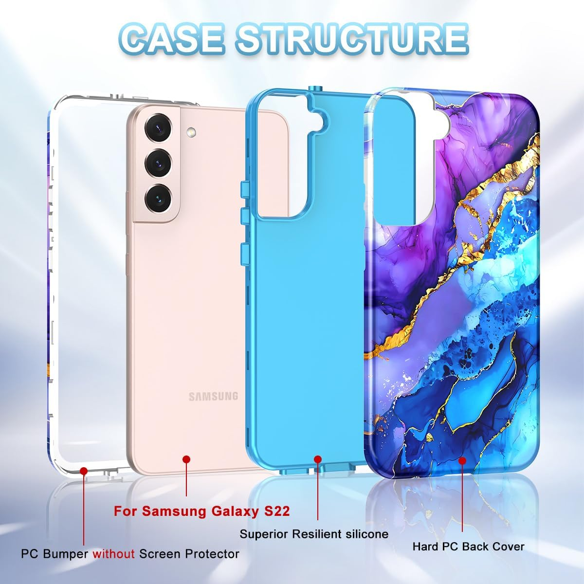 Btscase for Samsung Galaxy S22 5G Case,Marble Pattern 3 in 1 Heavy Duty Shockproof Full Body Rugged Hard Pc+Soft Silicone Drop Protective Women Girl Cover for Samsung Galaxy S22 6.1 Inch,Sky Blue - Colorful image number 4