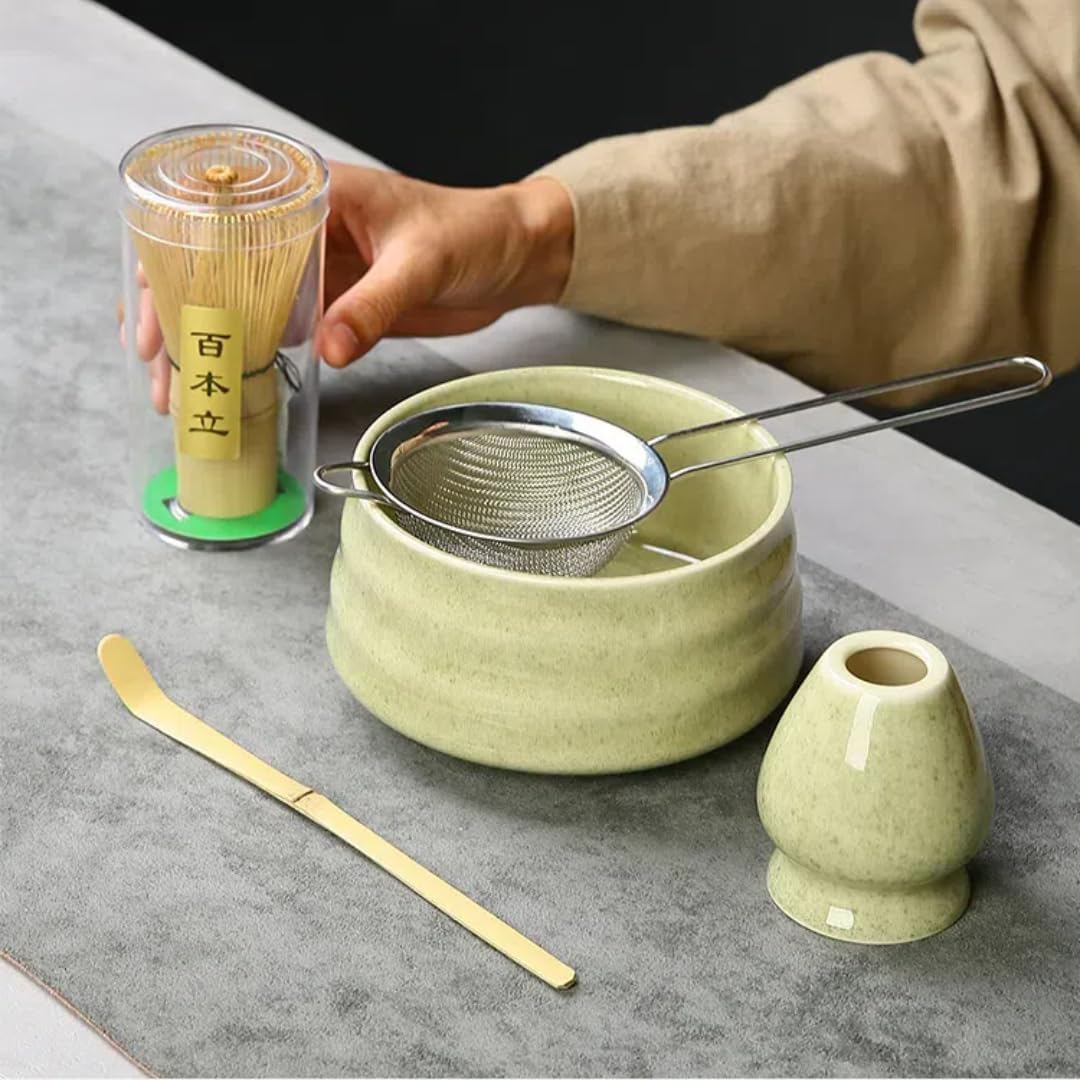 Matcha Set, 6Pcs Matcha Kit Set Includes Bowl with Spout and Bamboo Whisk, Bamboo Scoop, Spoon and Stainless Sifter, Gradient Green Japanese Tea Making Tools image number 2