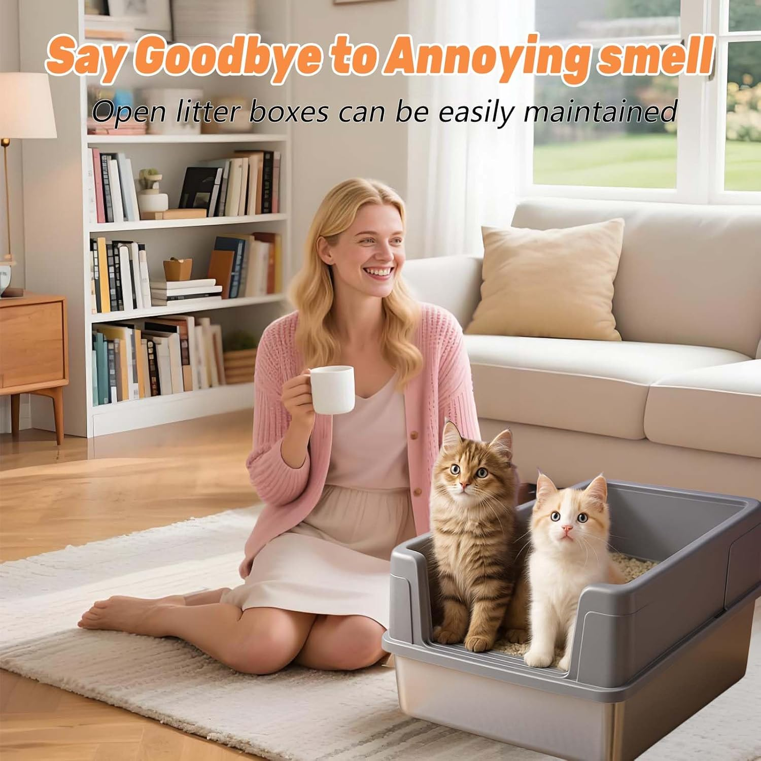 Stainless Steel Cat Litter Box Set - XXL High-Sided Tray with Scoop and Cat Litter Mat, Non-Stick and Leak-Proof, Easy to Clean, 60&times;40&times;31.5 Cm (Gray) image number 2