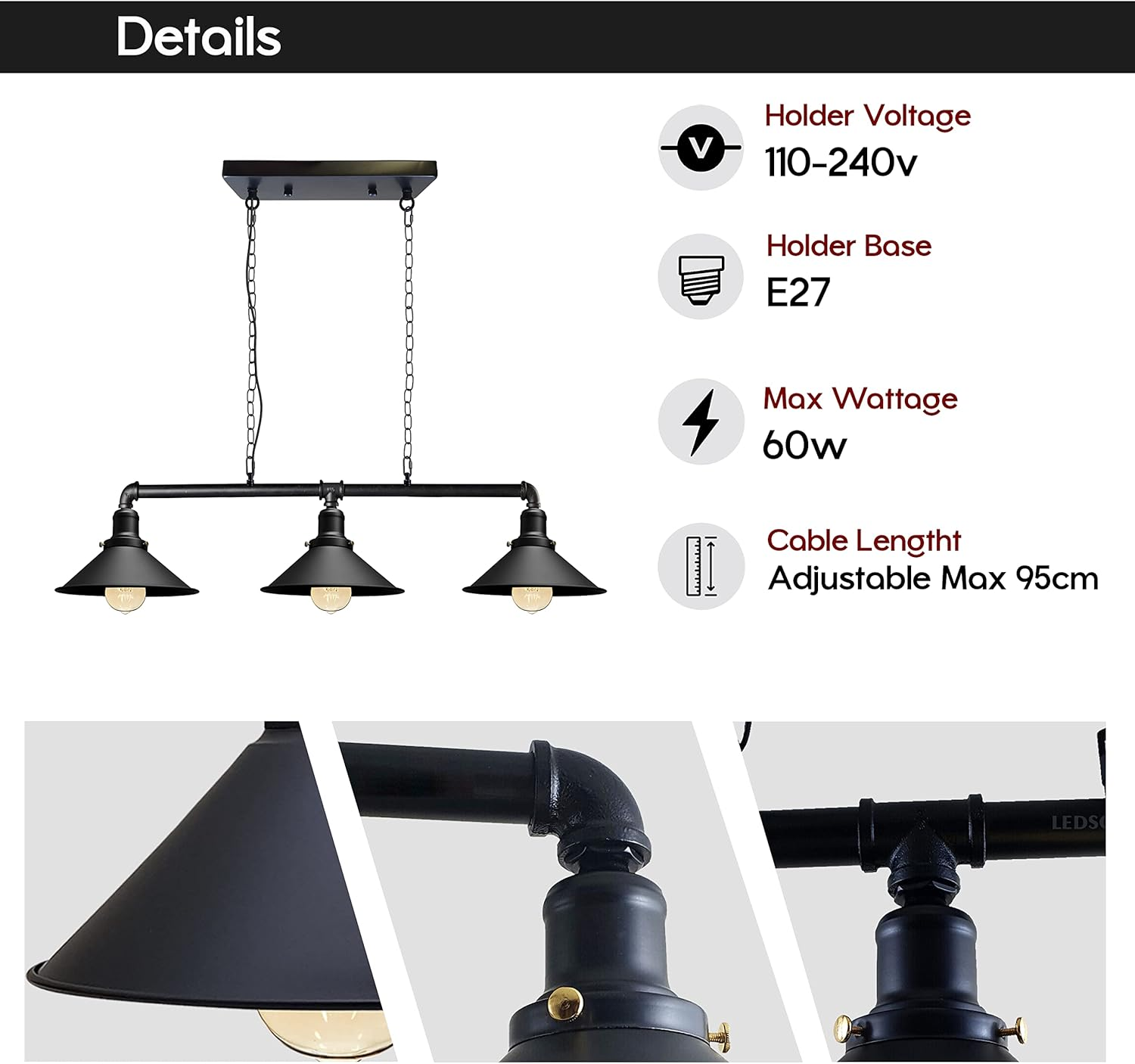 Ledsone Industrial 3 Way Vintage Retro Style Steampunk Pipe Light Bar with Lamp Shade Pendant Light Fitting Metal Pipe Lighting Ceiling Light image number 5