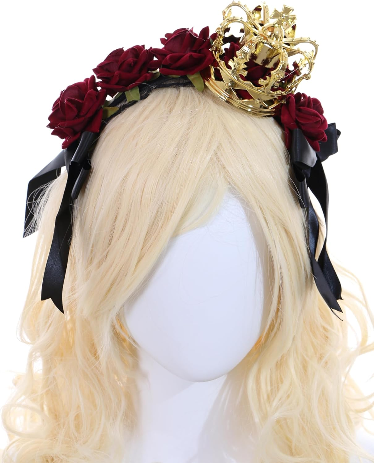 C-104-2 Gold Crown with Roses Red Lace Bow Ruffle Gothic Lolita Headband Party Celebration Hair Accessories Head Accessory image number 1