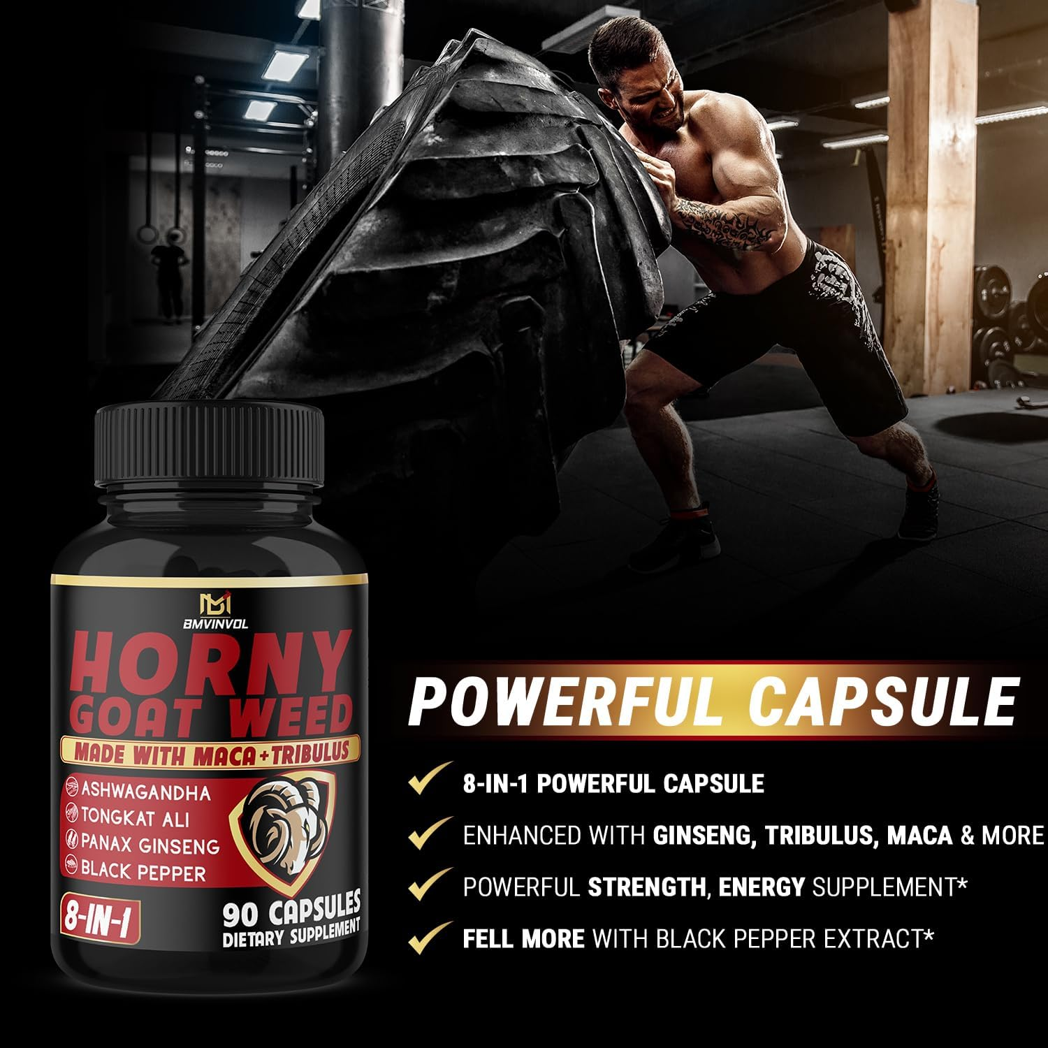 BMVINVOL 2Packs Horny Goat Weed Capsules - 180 Capsules for 6 Month Supply - Maca, Ginseng, Tribulus Terrestris, Ashwagandha image number 4