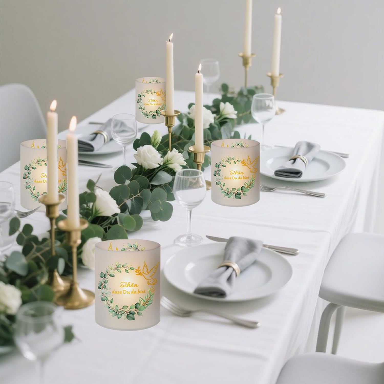 Pack of 12 Tea Lights Table Decoration, Sch&ouml;n DASS Du Da Bist Decorative Christening Lantern, Christening Eucalyptus Tea Light Glasses, Table Decoration Green for Birthday Confirmation Party Favours