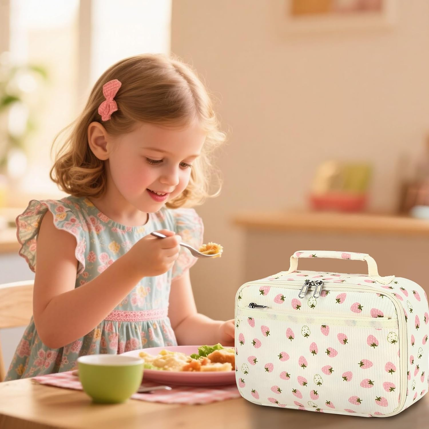 LEDAOU Children'S Lunch Bag Boys Girls 5L Lunch Bag Insulated Bag with Zip Thermal Bag Lunch Bag Cool Bag for School Hiking Work (Small White Strawberries) - Corduroy Flower Beige image number 2