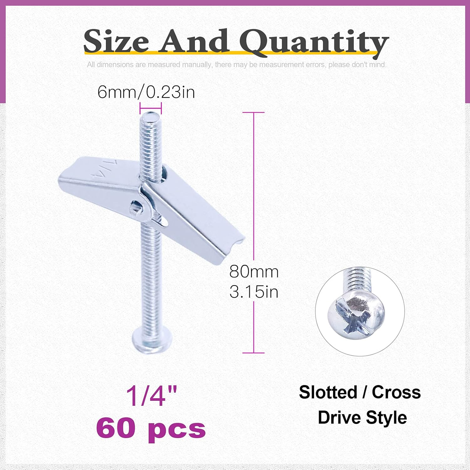 Swpeet Toggle Bolt and Wing Nut Kit for Hanging Heavy Items on Drywall (60PCS) image number 4