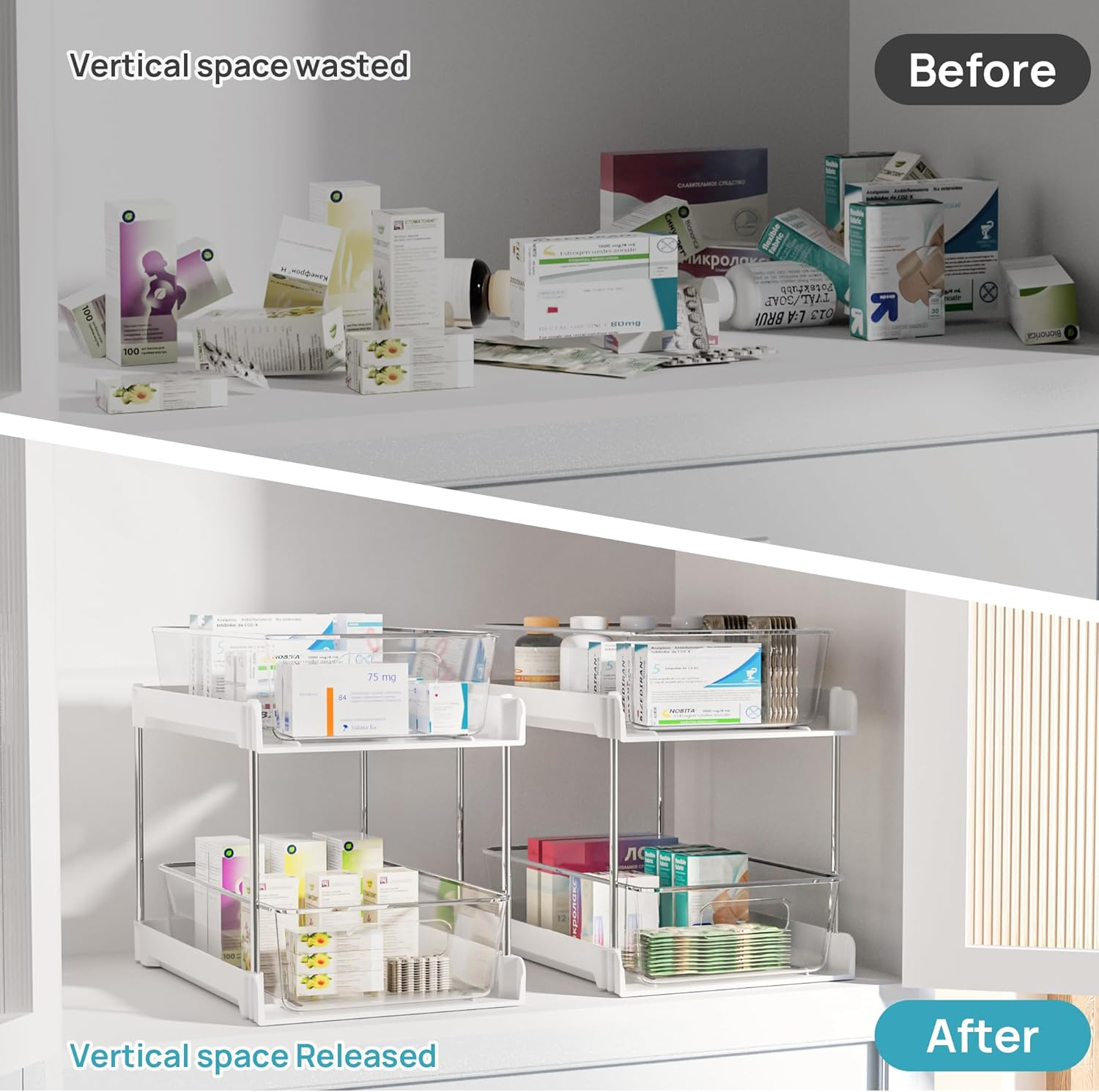 Vtopmart 4 Pack Bathroom Organizer, 2 Tier White under Sink Organizers Vanity Countertop Storage Container,Cabinet Drawers Bins, Pull-Out Organization with Track for Pantry, Kitchen image number 1