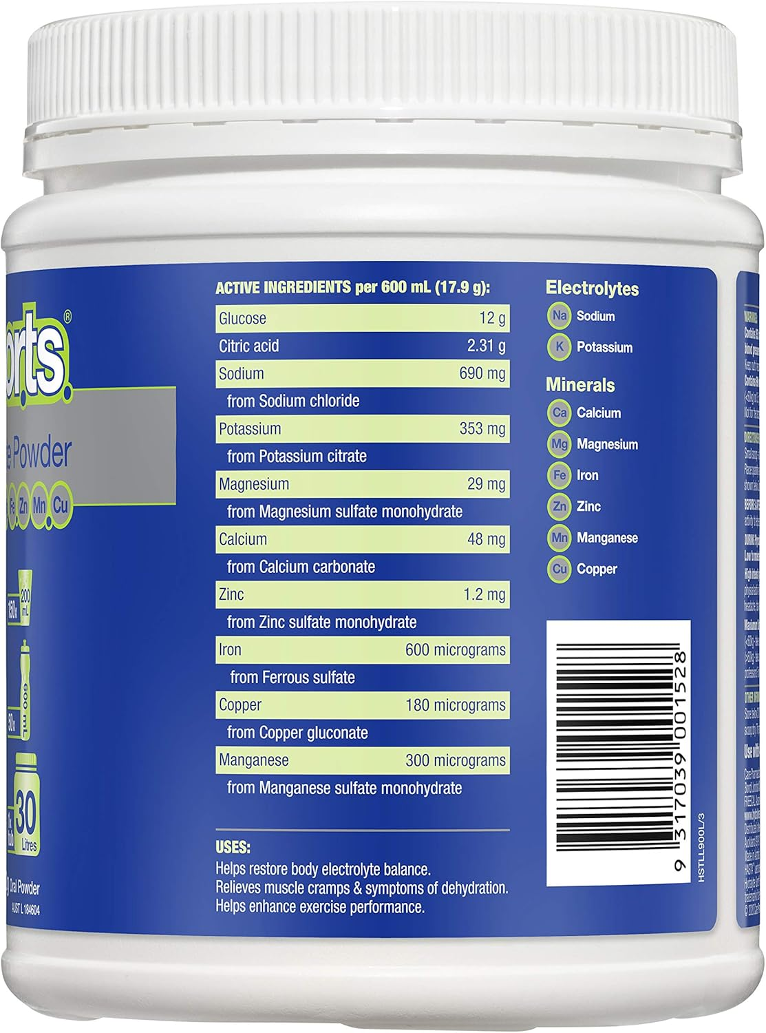 Hydralyte Sports Electrolyte Powder Lemon Lime Flavoured 900 G image number 1