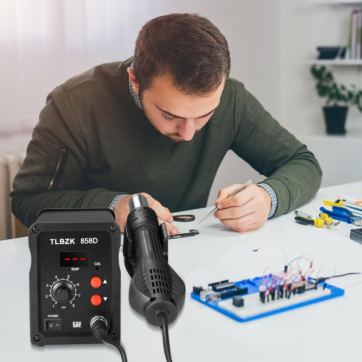 TLBZK 858D 220V Rework Station, SMD Soldering Station with Hot Air Heat Gun, Digital Solder Stations Iron Holder with 8 Nozzles for Electronics Repairing image number 5