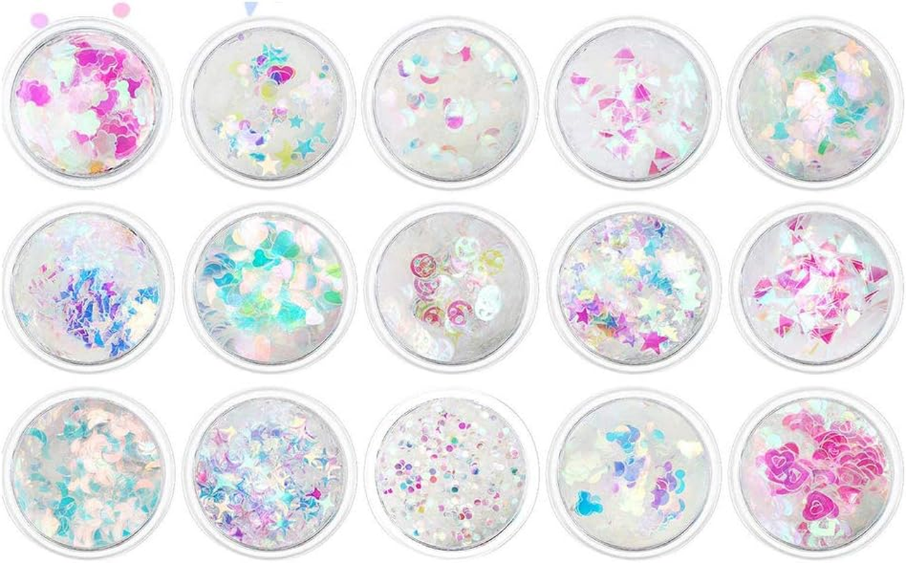 15 Boxes Holographic Nail Art Sequins Nails Glitter Iridescent Flakes for Nail Art DIY Decoration