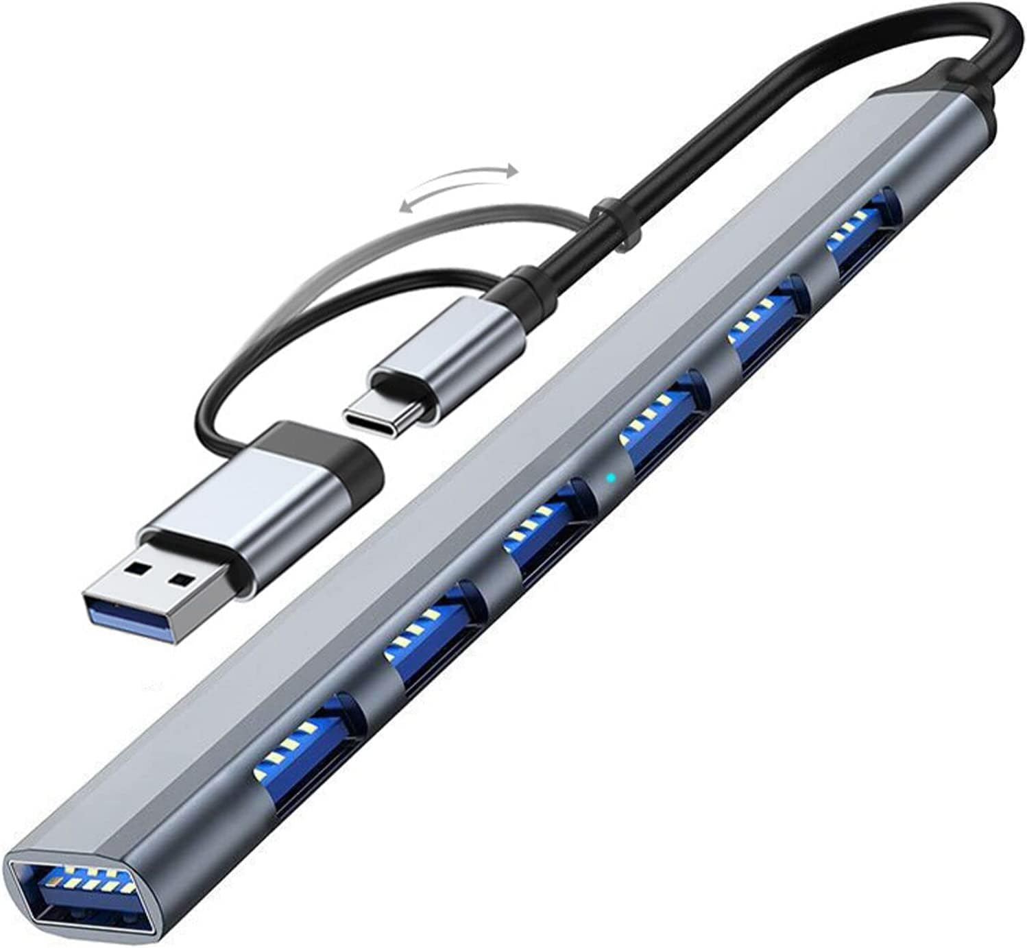 USB Hub 3.0 7 Ports 2 in 1 Aluminium USB 3.0 +6 USB 2.0 Hub USB Splitter USB Extender for Laptop, PC, Macbook, Mac Pro, Mac Mini, Imac, Surface Pro (Gray-7 in 1) image number 1