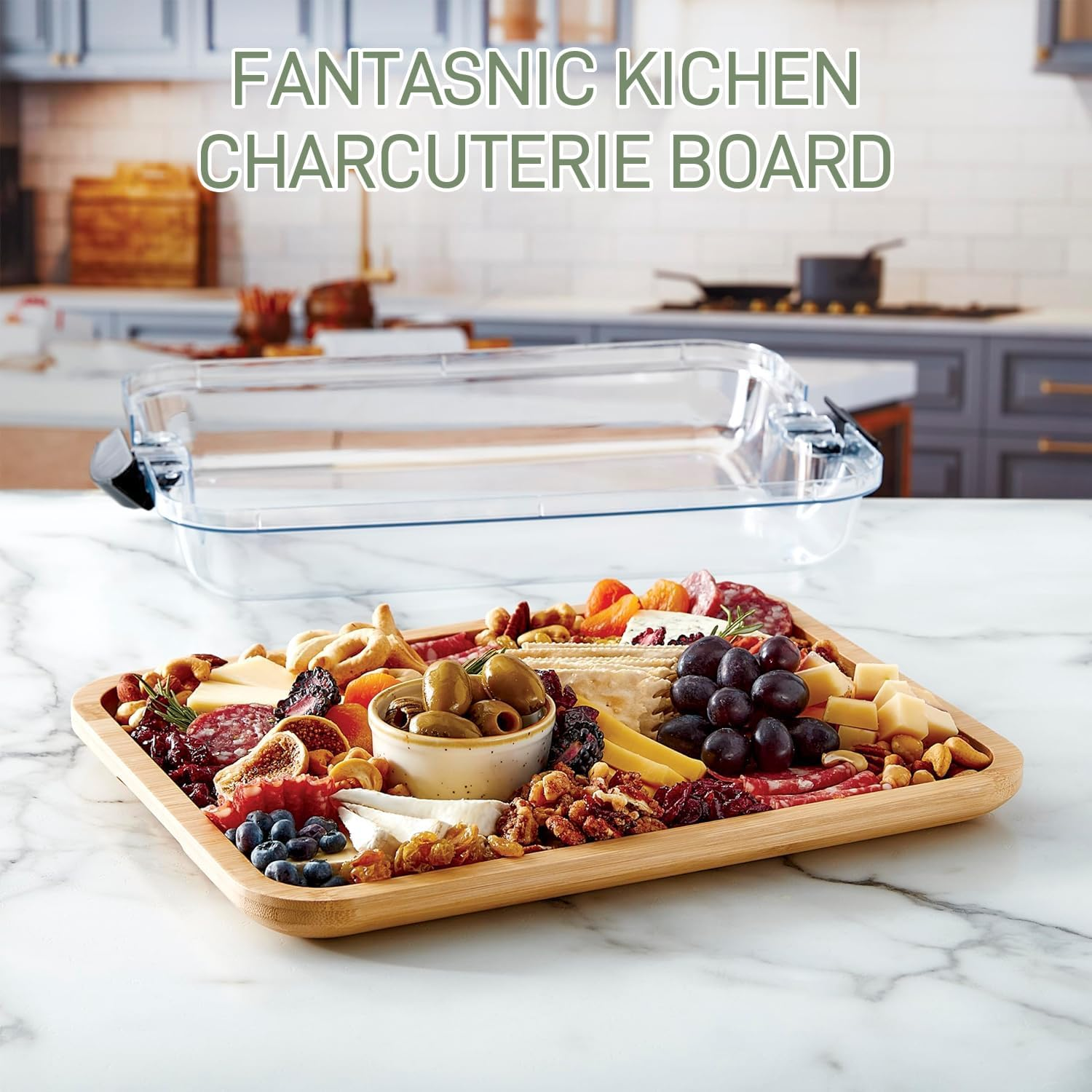 Premium Charcuterie Board - Bamboo Cheese Board, Cheese Board with Clear Locking Lid, Serving Platter Tray for Food Lovers and Parties,Elegant Fruit Tray for Housewarming, Wedding or Engagement image number 1