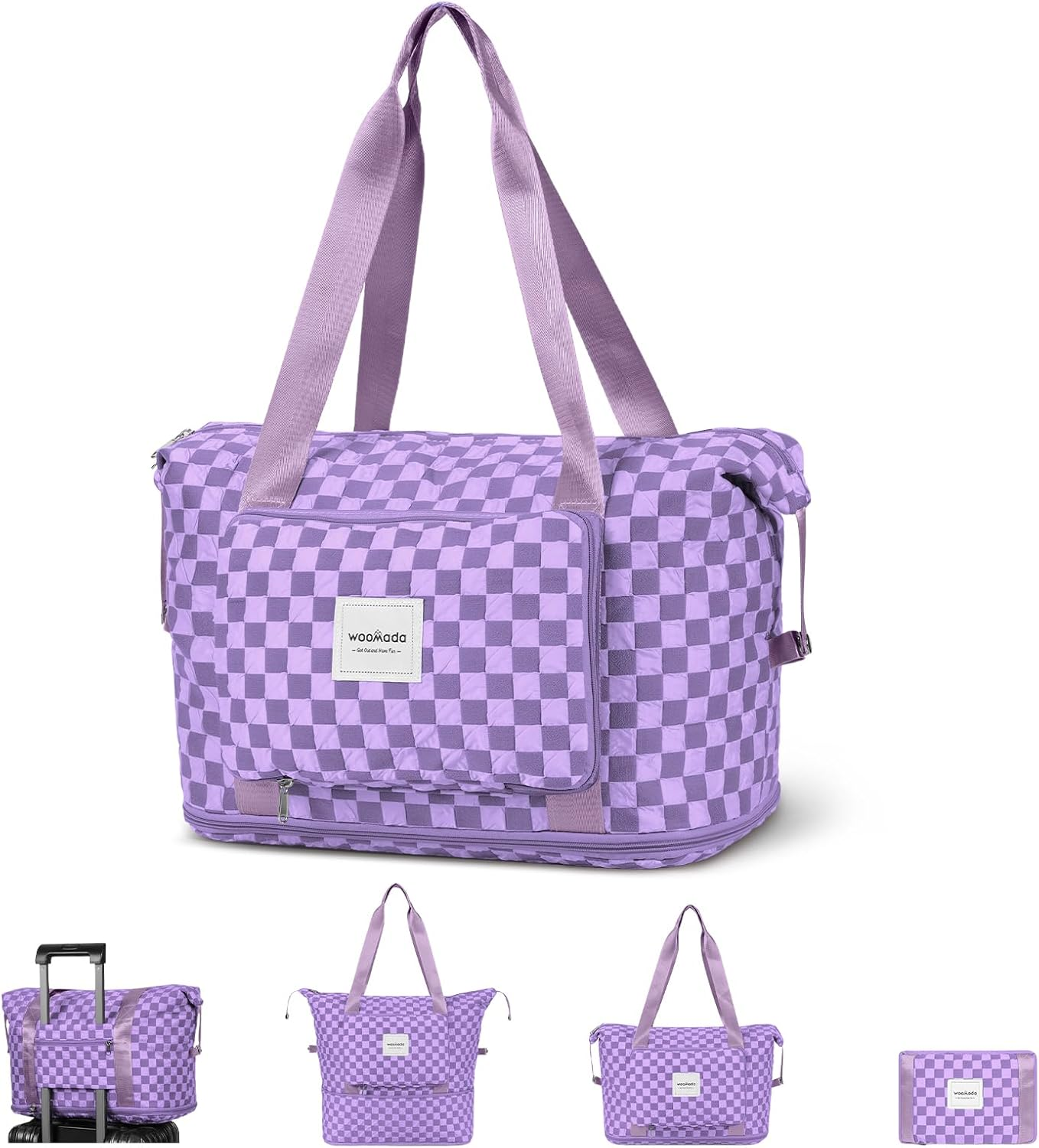 WOOMADA Foldable Travel Duffel, Weekender & Carry-On Bag with Expandable Space, Lavender Checkerboard - B-Black image number 7