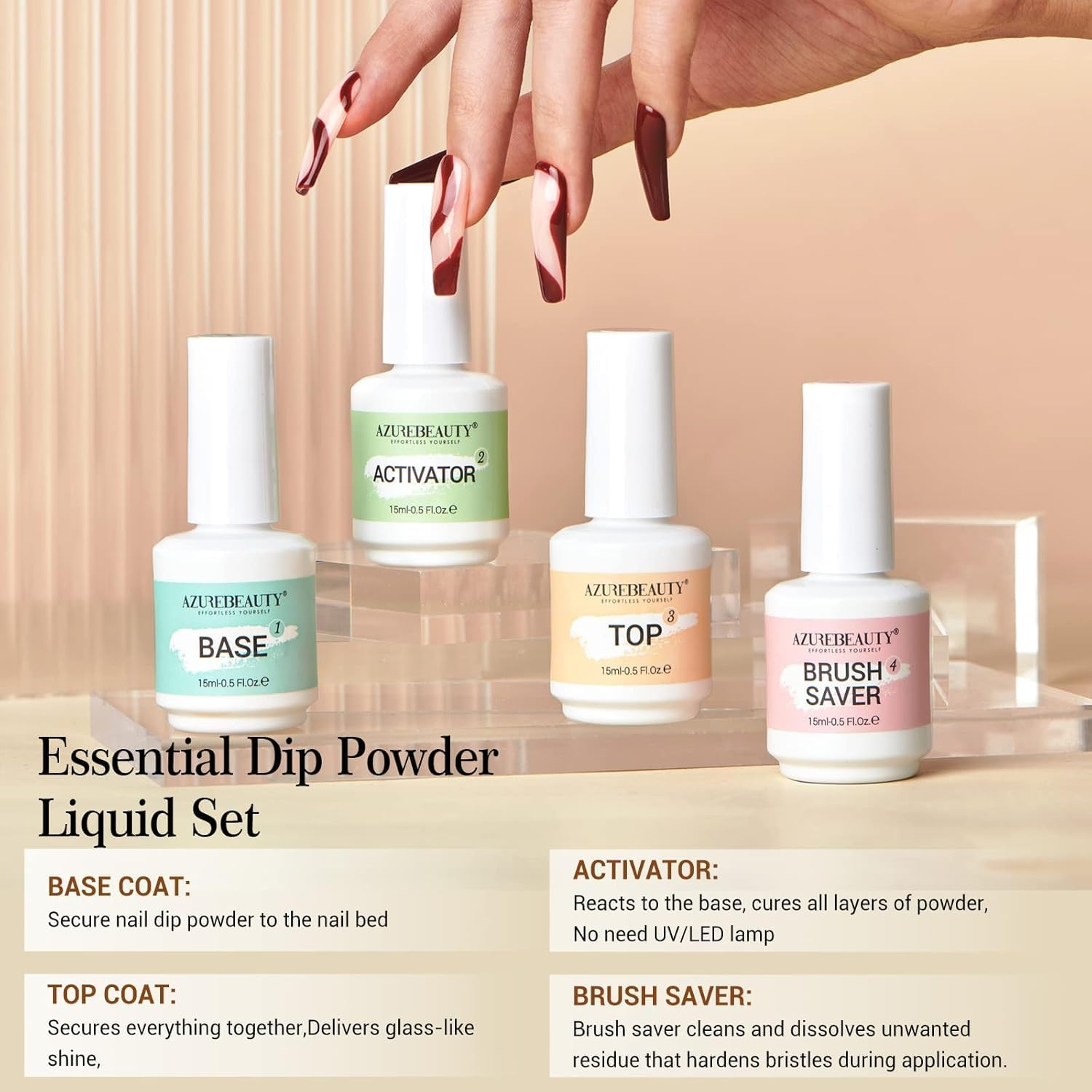 AZUREBEAUTY Dip Powder Liquid Set 15Ml/0.5Oz 8 Pcs Dipping Base Activator and Top Coat Brush Saver Nail File Necessary Tools for Dip Kit No Lamp Needed image number 4
