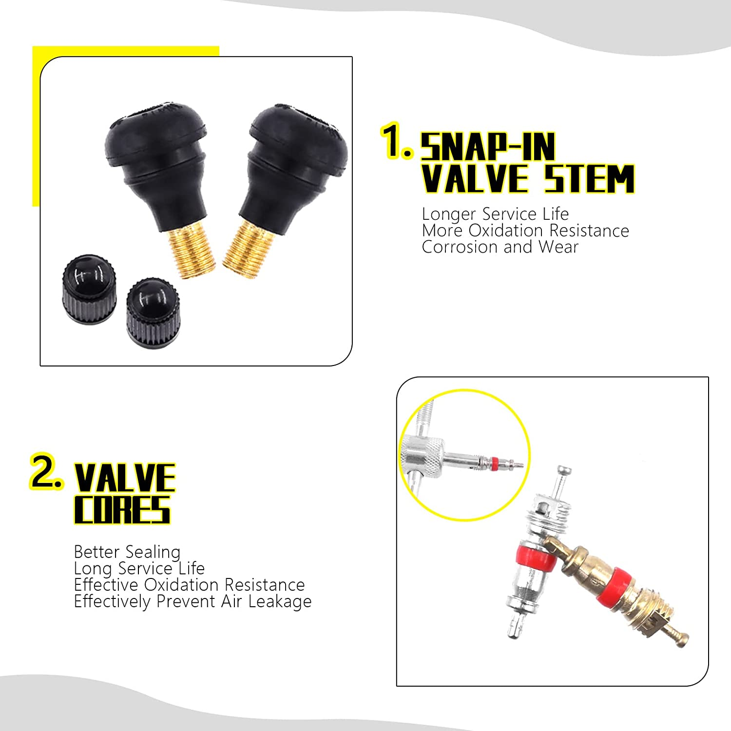 76 Pcs Tyre Valve Stem Puller Tools Set Includes TR412 Snap-In Valve Stems & Caps with Pure Copper Valve Stem Cores, Tire Patch Roller, 4 Way Valve Tool and Dual Single Head Remover