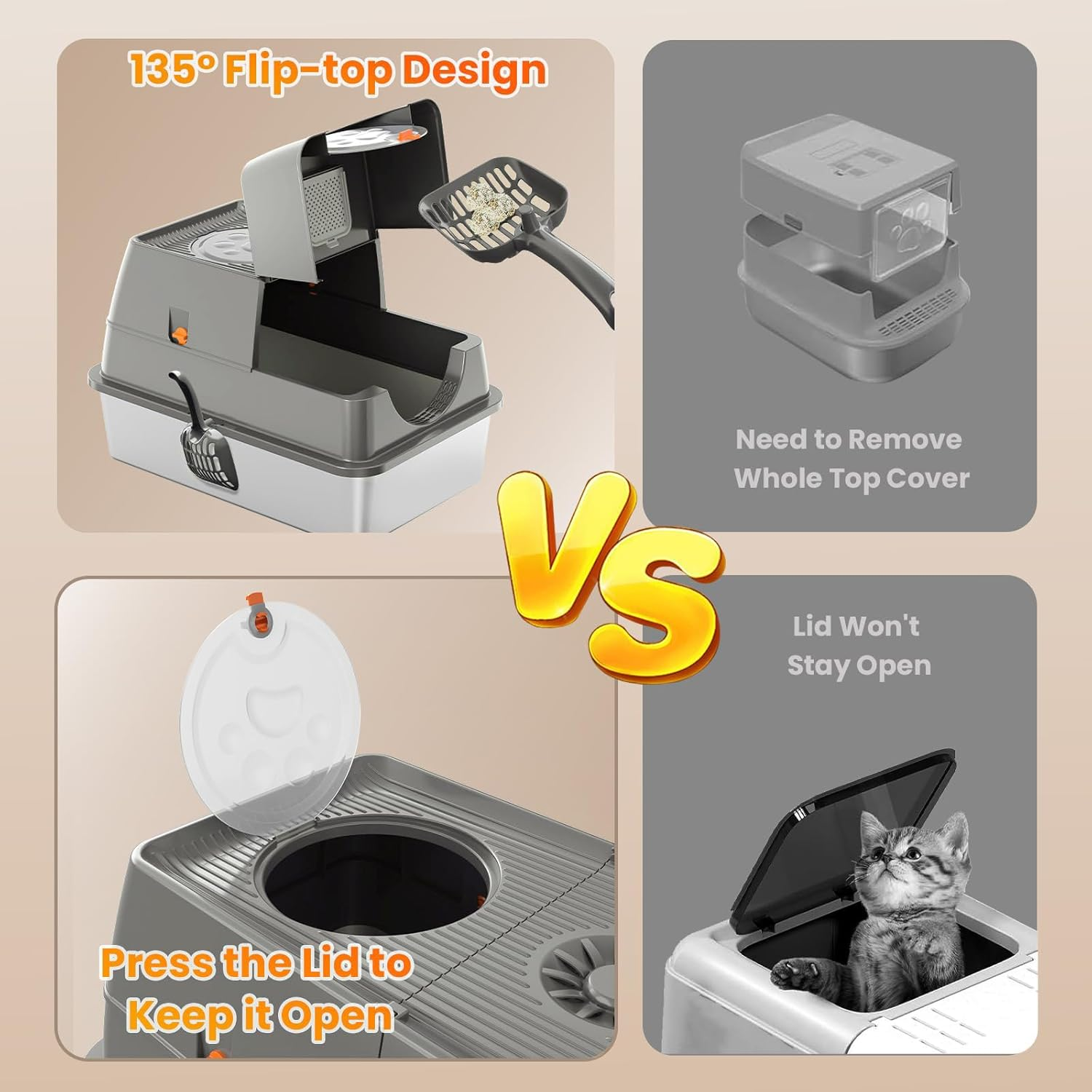 Extra Large Stainless Steel Litter Box with Lid 60L X 40W X 39H CM Cat Litter Tray with Quick Clean Flip-Top Enclosed Cat Litter Box with Litter Scoop Footboard and Mat Non-Sticky Odor-Resistant image number 1