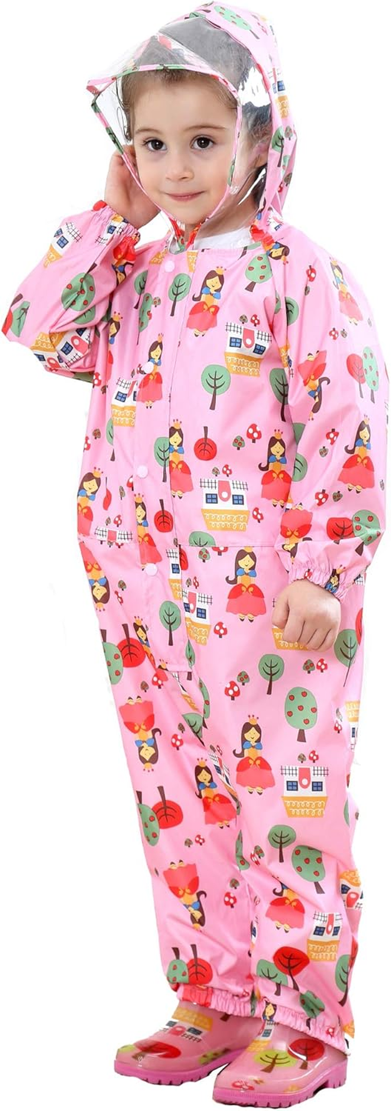 Raincoat Kids Hooded Rains Puddle Suit Poncho Rainwear Jumpsuit One Piece Lightweight Portable Waterproof Rainsuit Jacket Unisex Boy Girl with PVC Transparent Hat Brim Zipper Age 1-7 Years image number 3