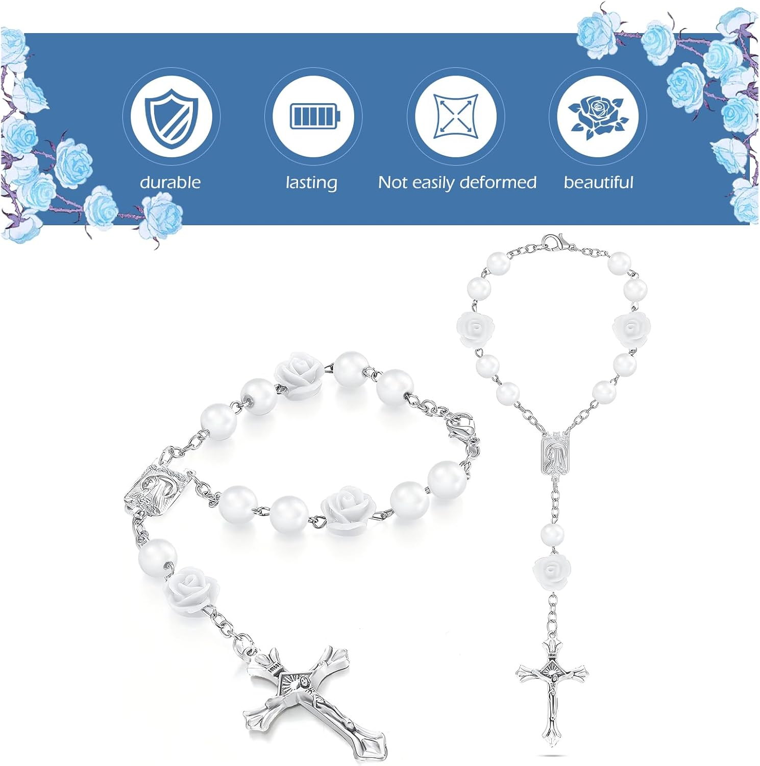 2PCS Car Rose Rosary for Rearview Mirror, Personalized Blessing Rear View Mirror Hanging Decors, Car Rose Cross Pendant, Auto Interior Hanging Accessories (White) image number 4