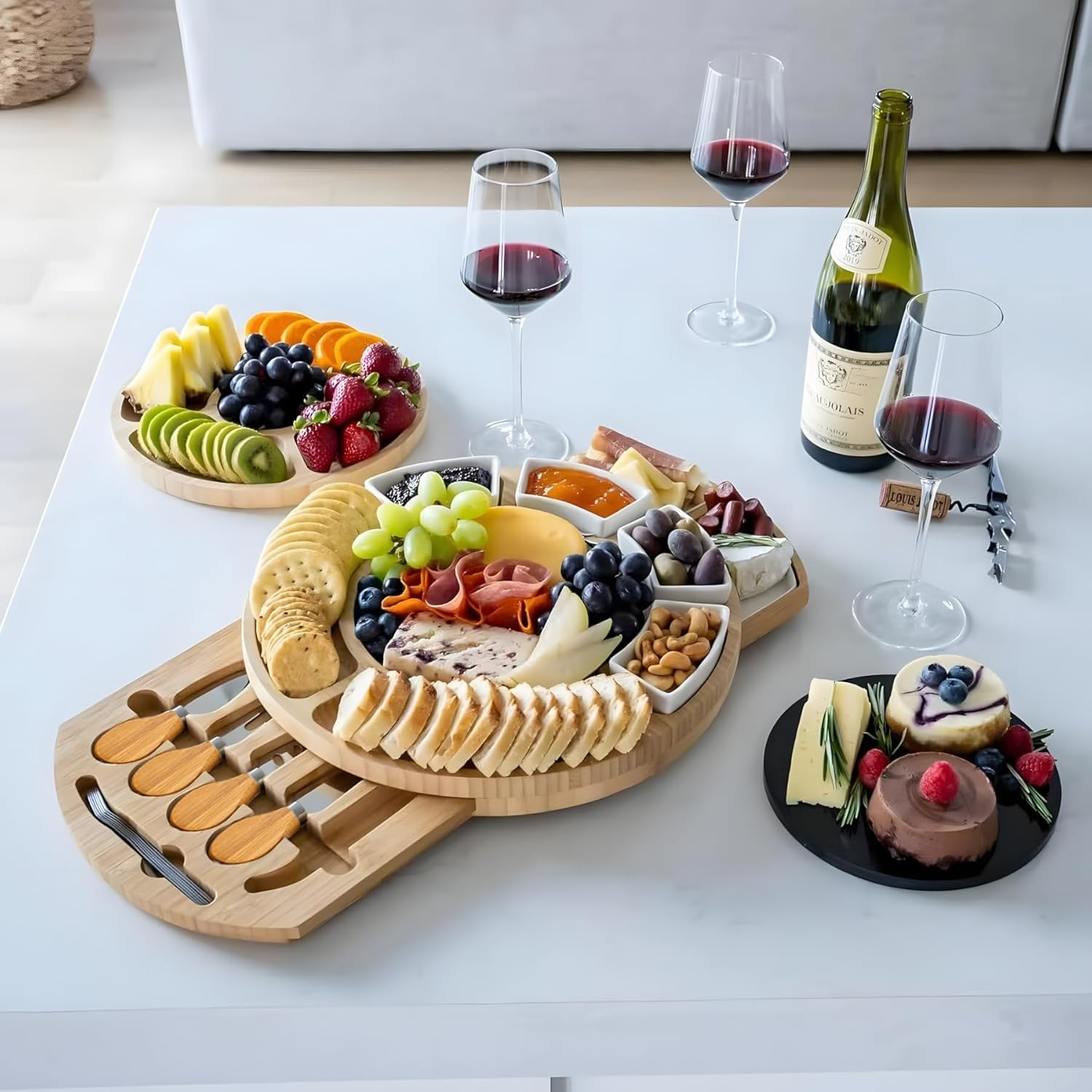 FORYUSE Cheese Board with Knife Set Bamboo Charcuterie Boards with Serving Platter Tray for New Home Gift, Wedding, Birthday, Family Party, Christmas image number 6