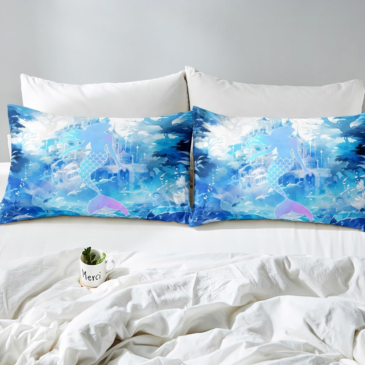 Mermaid Scale Kids Duvet Cover Set Twin Size,Watercolor Fish Castle Plants Bedding Set,Girls Women Room Decor,Cartoon Seaweed Marine Life Comforter Cover,Blue Romantic Quilt Cover,1 Pillowcase image number 6