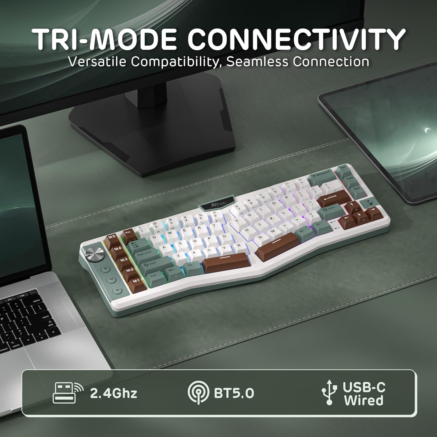 RK ROYAL KLUDGE A72 Alice Ergonomic Wireless Mechanical Keyboard W/Knob/Macro Keys/Touchable Nameplate, Tri-Mode 68% 72-Key Gasket Keyboard BT/2.4G/USB-C, Hot Swap, Win/Mac Software, 7500Mah Battery image number 4