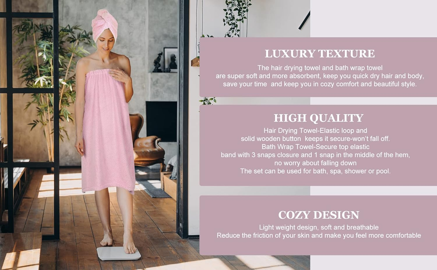 Women Microfiber Bath Wrap Towel and Hair Drying Towel - Adjustable Soft Body Wraps Dress with Hair Towel, Super Absorbent to Quick Drying Hair and Body (Pink)