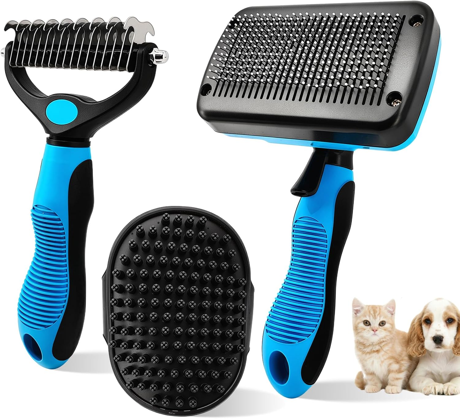 Dog Brush for Shedding | 3PCS Dog Grooming Brush Kit Including Double-Sided Dematting Comb | Self-Cleaning | Bath Brush | Suitable for Long & Short Haired Dogs | Cats(Blue)