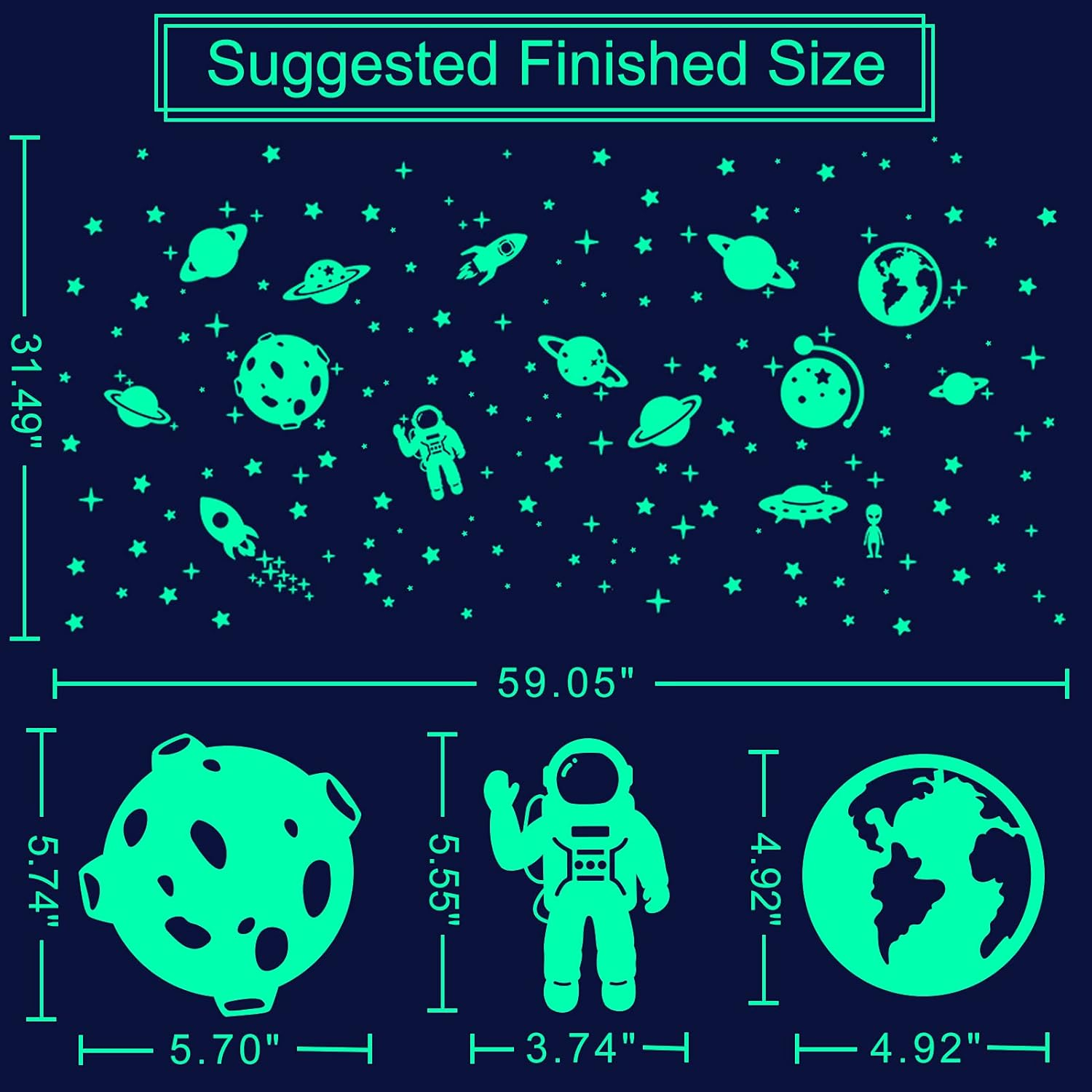 260 PCS Glow in the Dark Stars, Glowing Stars for Ceiling, Star Wall Decals Solar System Space Galaxy Planets Wall Stickers for Kids, Girls Boys Room Decorations for Bedroom - A-Green Space image number 5