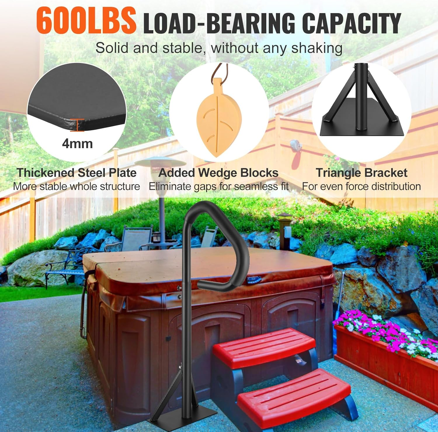 VEVOR Hot Tub Handrail, 360 Rotatable Spa Side Handrail with 35"-57" Adjustable Height, Rust-Proof Aluminum Spa Step Hot Tub Hand Rail with Slide-Under Mount Base for Indoor & Outdoor, 600LBS Capacity image number 6