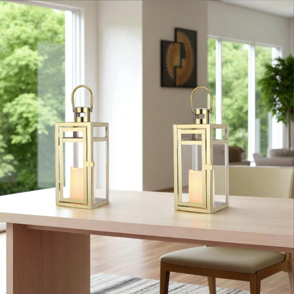 TRIROCKS Set of 2 Stainless Steel Decorative Lantern 12'' High Metal Candle Holder Outdoor Candle Lantern with Tempered Panels for Home Decor Living Room Parties Events Tabletop Indoor Outdoor (Gold)
