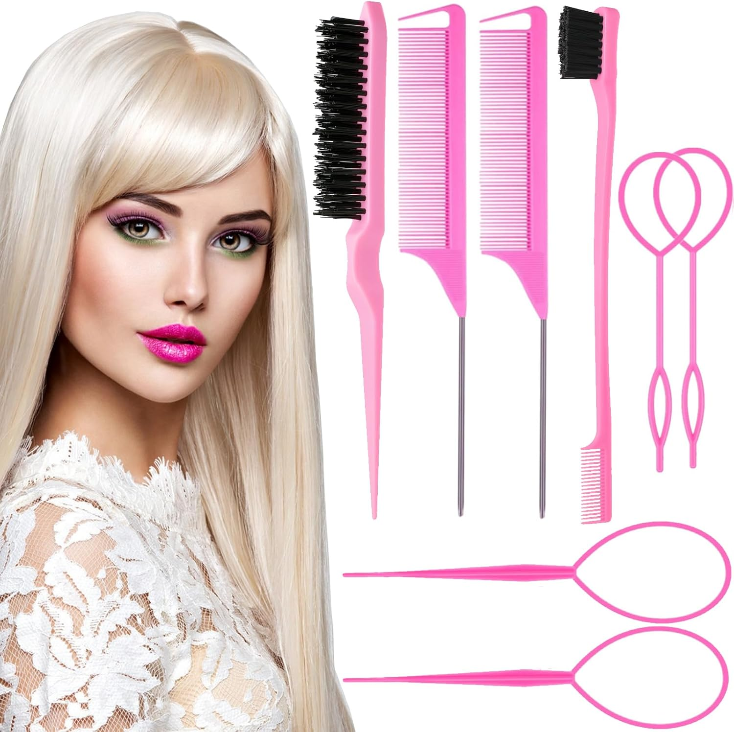8Pcs Hair Styling Comb Set, Includes Hair Teasing Brush Rat Tail Comb Double-Sided Edge Brush Hair Clips for Women Girls Combing Styling Hair (Black)