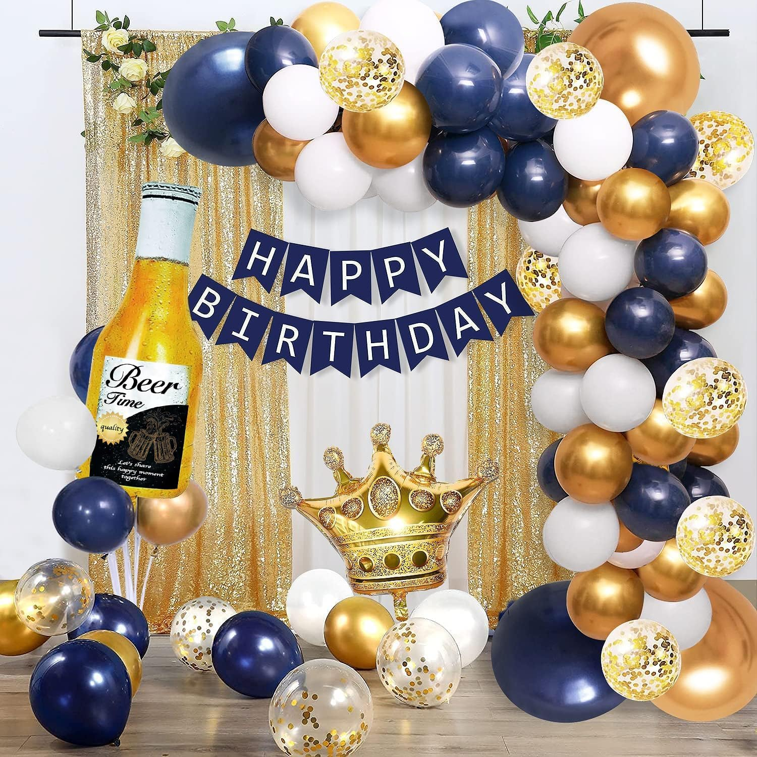 Navy Blue Gold Birthday Party Decorations for Men Women Boys Girls with HAPPY BIRTHDAY Banner, Crown Balloons,Corona Foil Balloons ,Balloon Garland Kit image number 3