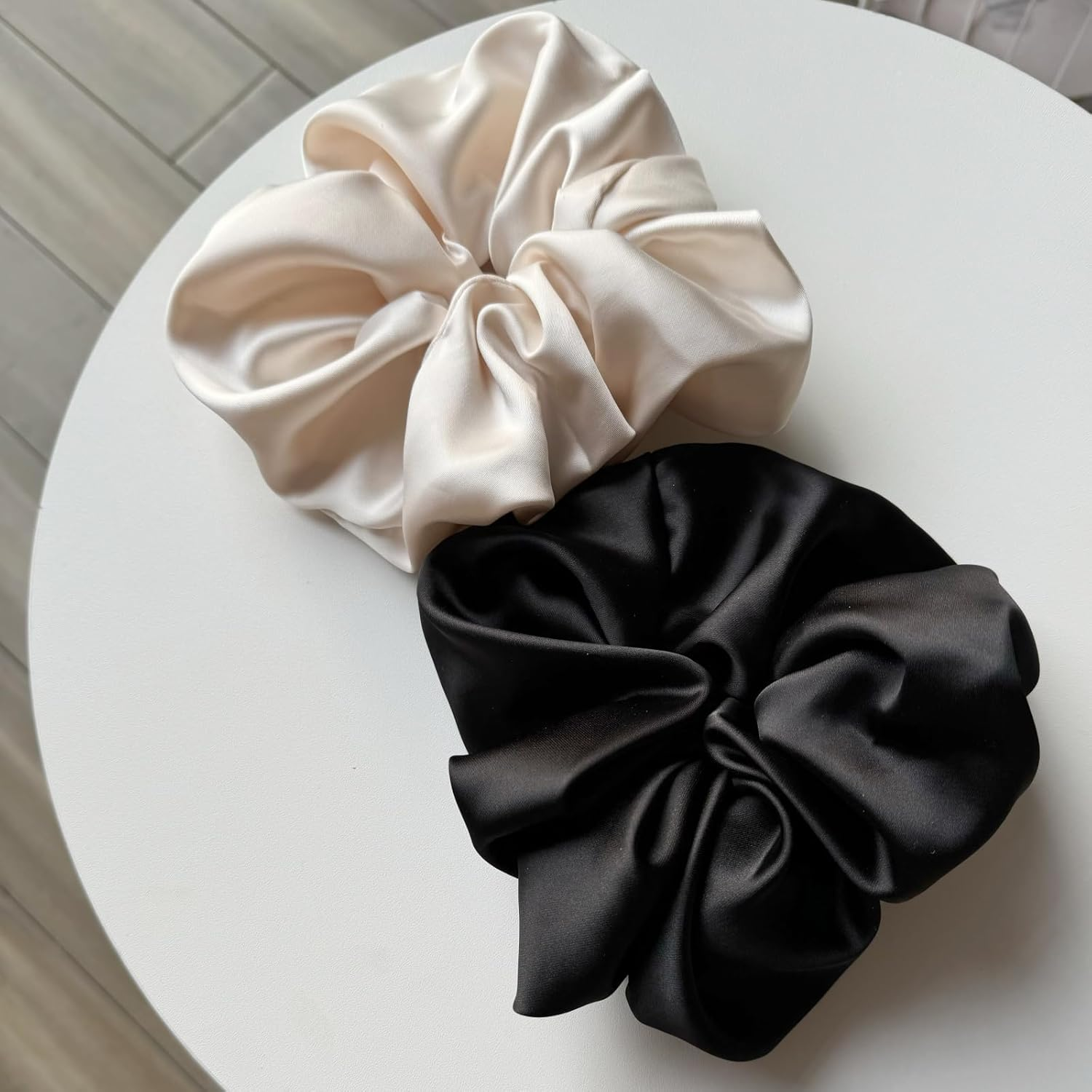 2 Pieces Jumbo Satin Silk Scrunchies for Women 7.5 Inches Large Oversize Scrunchies for Thick Hair Ties Hair Ornament (Black and Beige) - 2 Black image number 5