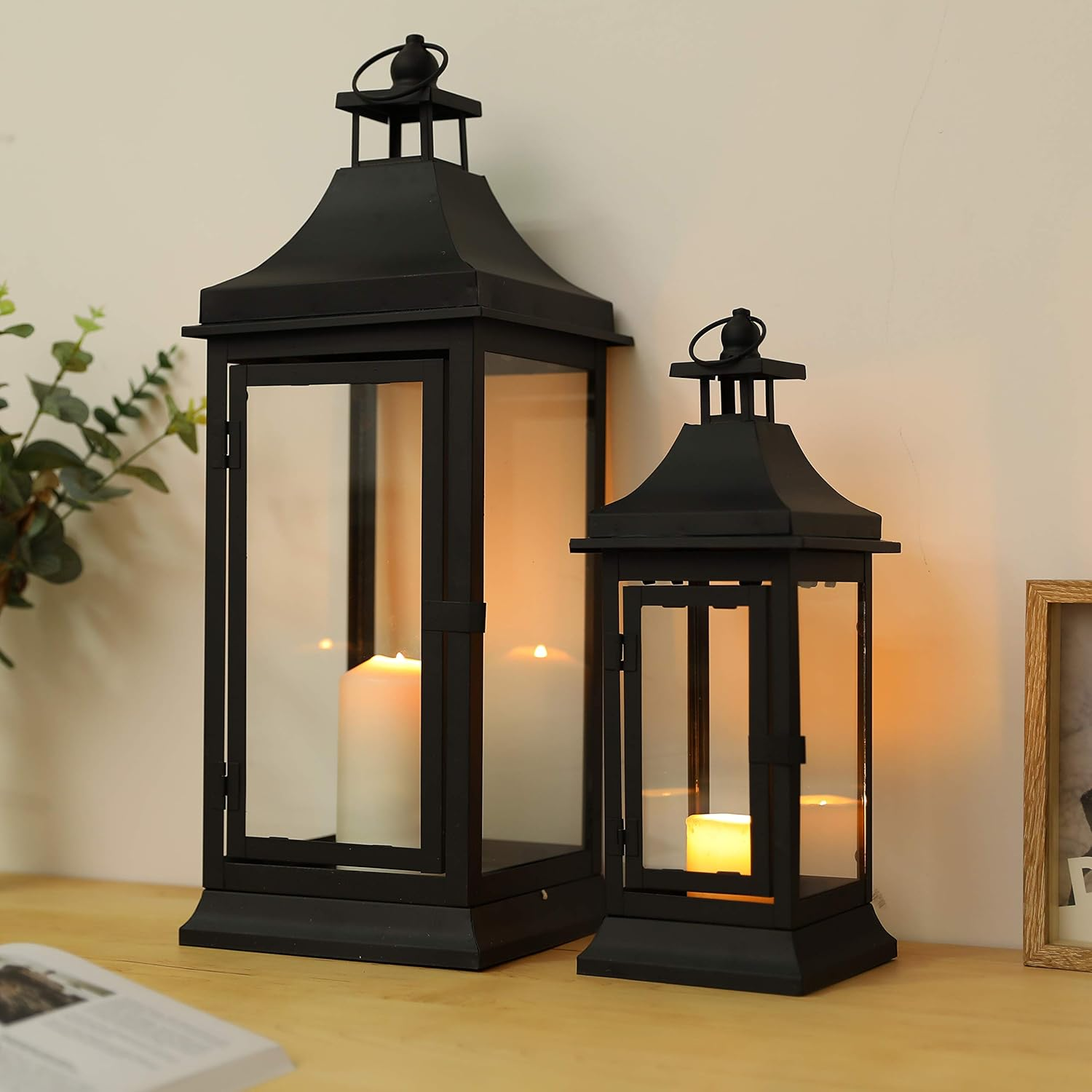 JHY DESIGN Set of 2 33&50Cm Tall Outdoor Candle Lanterns Vintage Hanging Tower Lantern Metal Candle Holder for Garden Living Room Indoor Outdoor Parties Weddings Balcony(Black) image number 3