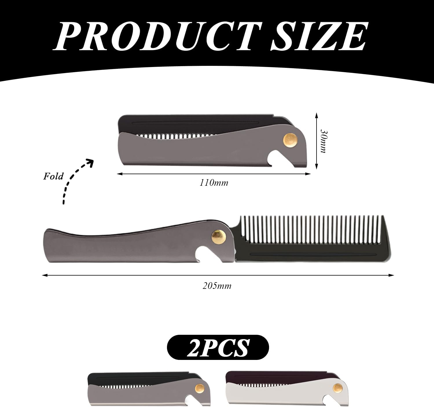 CHROMACRAFT Pack of 2 Foldable Beard Combs, Portable Stainless Steel Beard Comb, Professional Styling Comb for Men, Hairdressing Comb, Fine Tooth Oil Comb