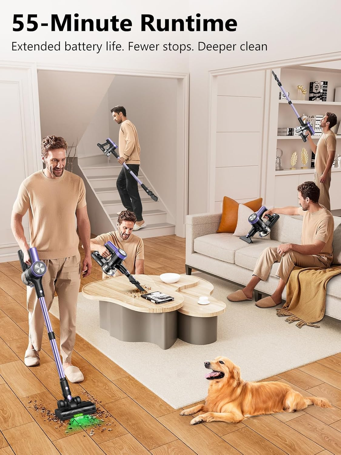 Cordless Vacuum Cleaner, 46Kpa/500W Stick Vacuum with 55 Mins Runtime, Self-Standing Vacuum Cleaner for Home, LED Display, Anti-Tangle Brush, Rechargeable Vacuum for Pet Hair, Carpet & Hard Floors image number 1