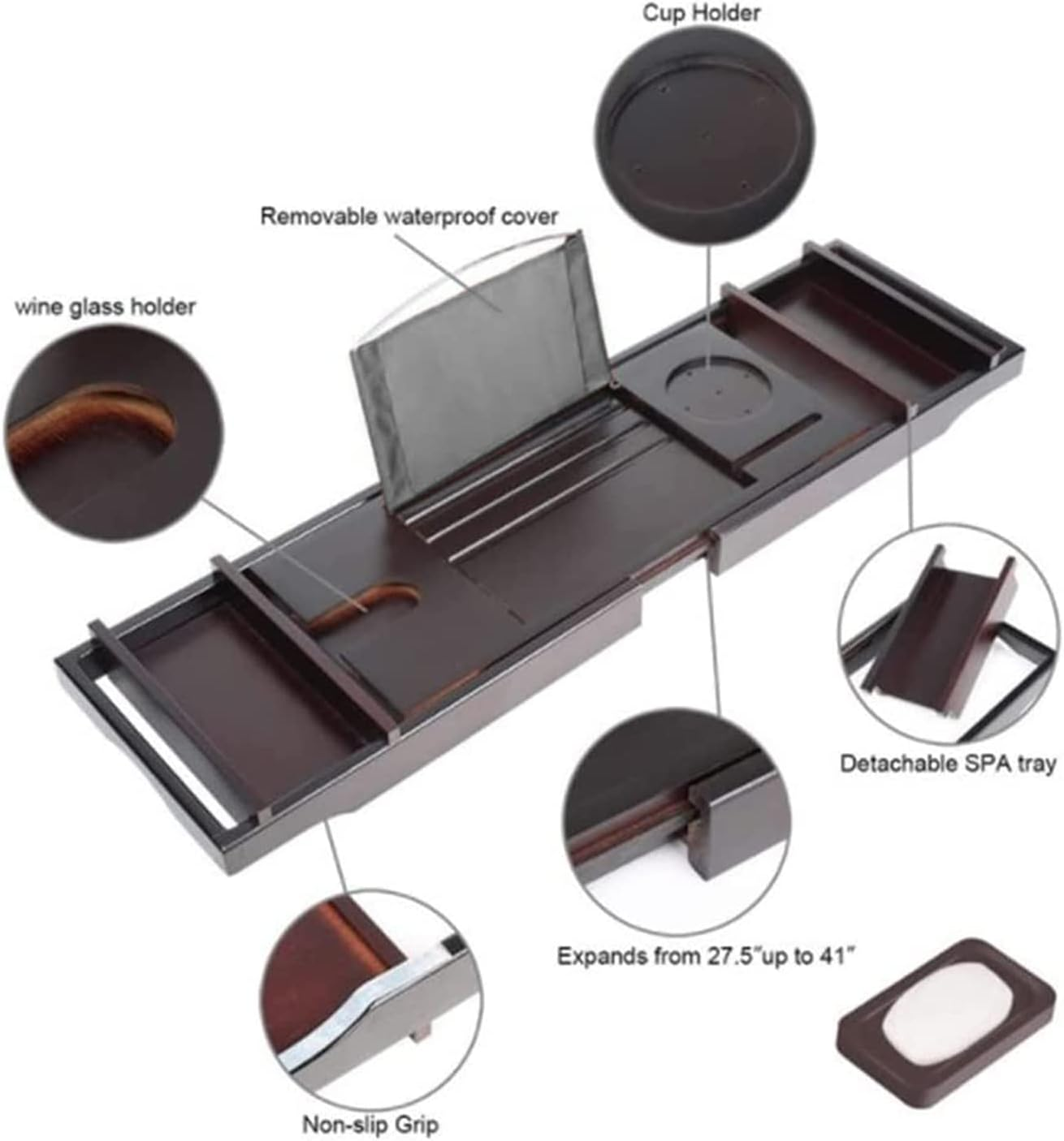 AIWFL Bath Caddy Tray, Adjustable Bathtub Tray with Book & Wine Holder, Black, Lacquered Bamboo Wood, Ideal for Relaxation image number 4