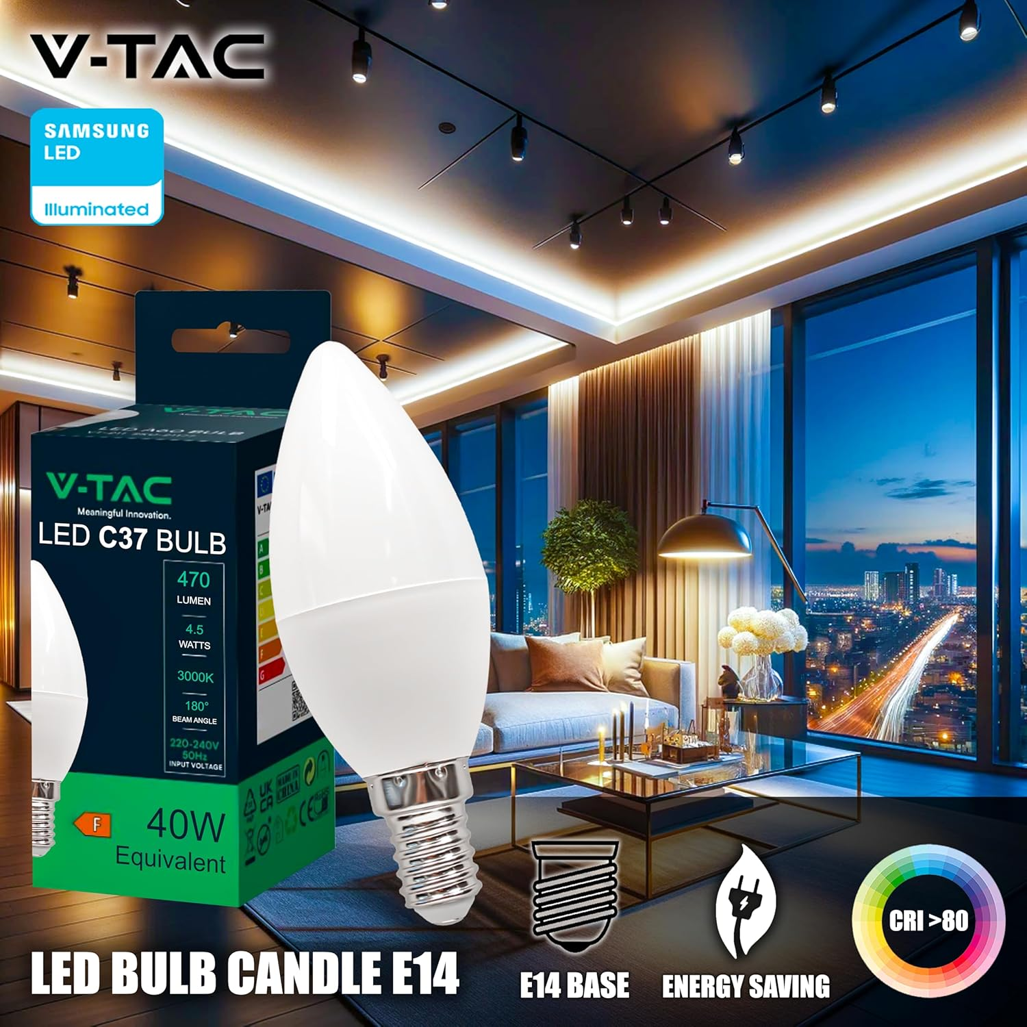 V-TAC 10 X E14-4.5W LED Candle Bulbs (Equivalent to 40W) 470 Lumen 3000K Warm White - Opening of the Light Beam 180&deg; - Maximum Efficiency and Energy Saving Bulb - Warm White image number 6