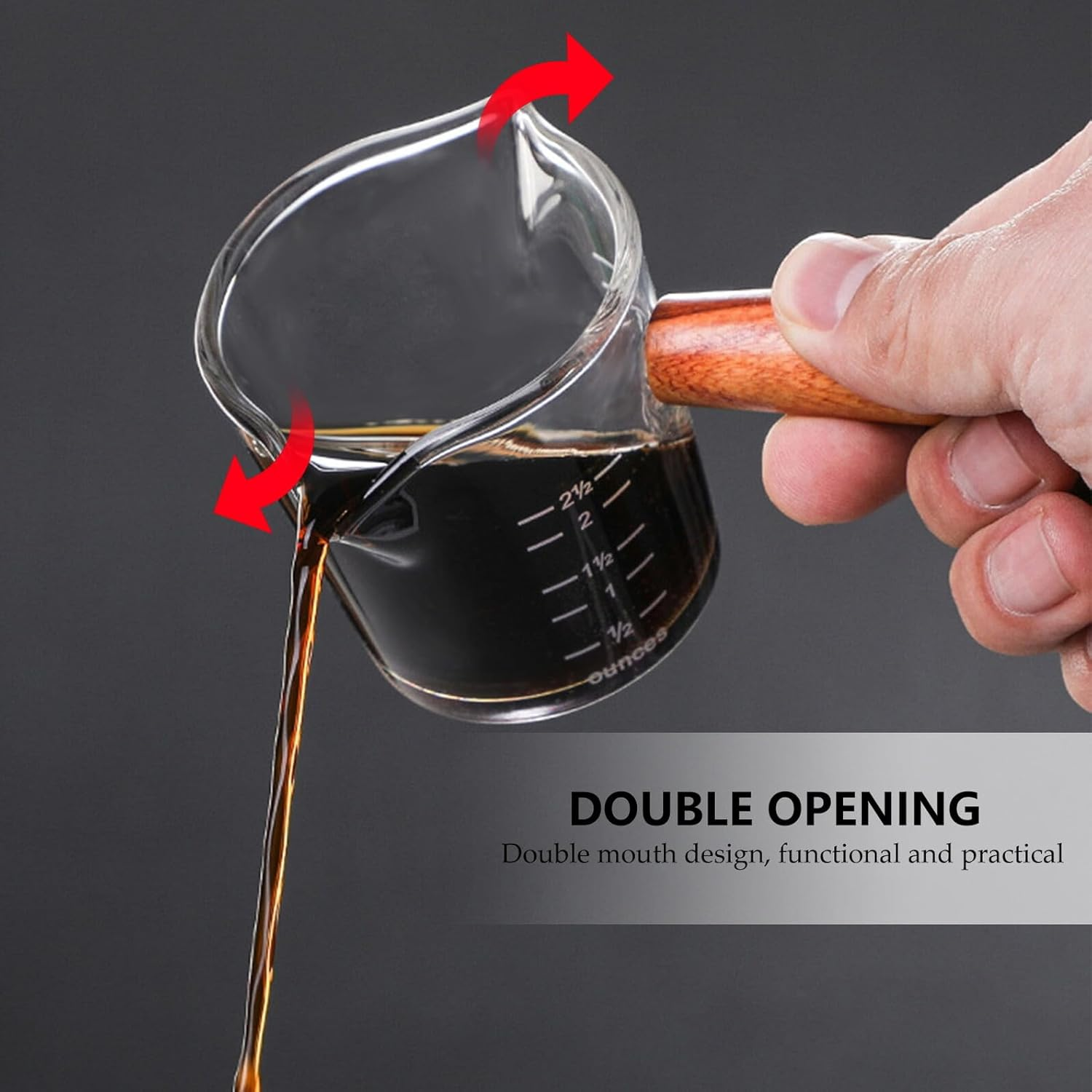 CLISPEED Glass Milk Cup Double Spout with Wooden Handle, Thick-Bottom Coffee Latte Art Measuring Pitcher for Home Use, Heat-Resistant Milk Frothing Cup for Espresso Accessories image number 6