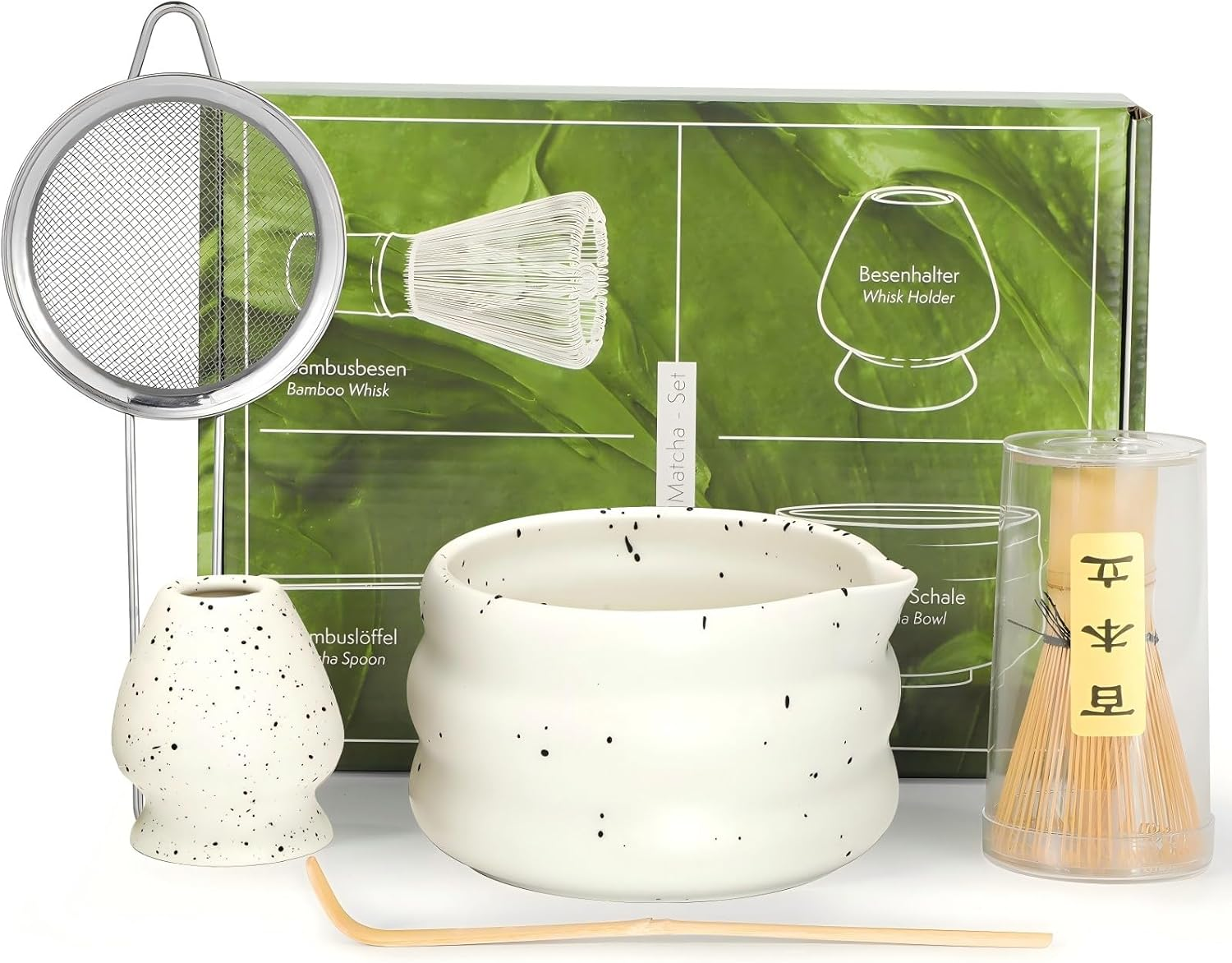 Matcha Whisk Set, 5 Pcs Matcha Tea Set for Ceremony, Match Bowl with Spout and Whisk, 15 OZ, Matcha Kit for Making Breakfast/Matcha Latte, Gift Perfect for Matcha Lover/Friend/Family - Spotted White image number 2