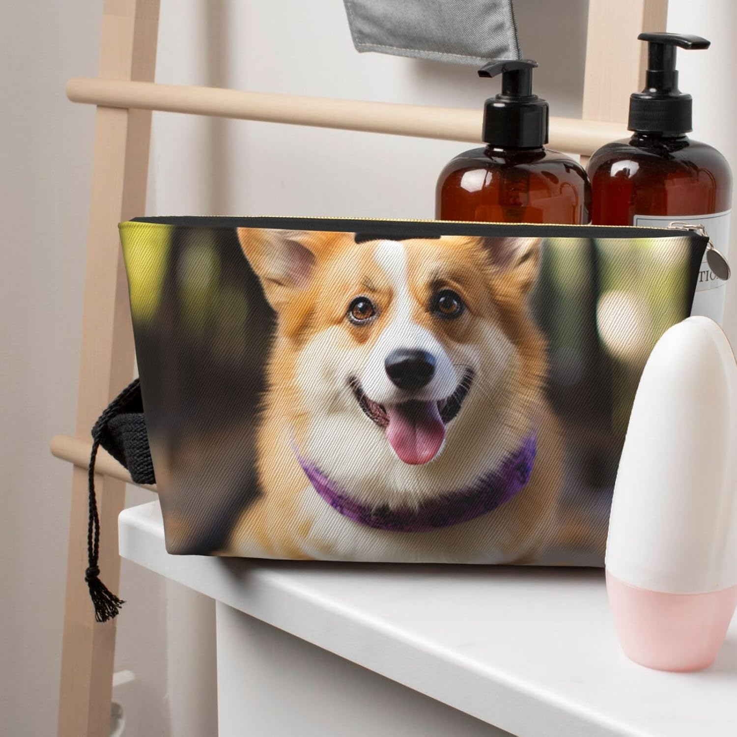 SDTYKHJ Large Capacity Makeup Bag for Women, Waterproof Portable Shaving Bag, Small Toiletry Bag, Dog, Corgi, Leather, Travel Cosmetic Organizer Bags, Gold, One Size image number 4