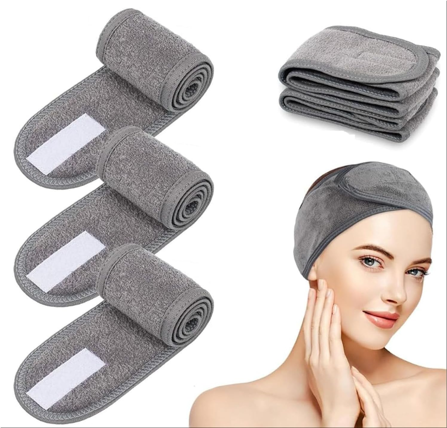 Adjustable Spa Facial Headband for Women &zwnj;4 Pack, Soft Makeup Hair Band, Skincare Head Wrap for Bath, Sport, Yoga & Gym (Gray)&zwnj; image number 6