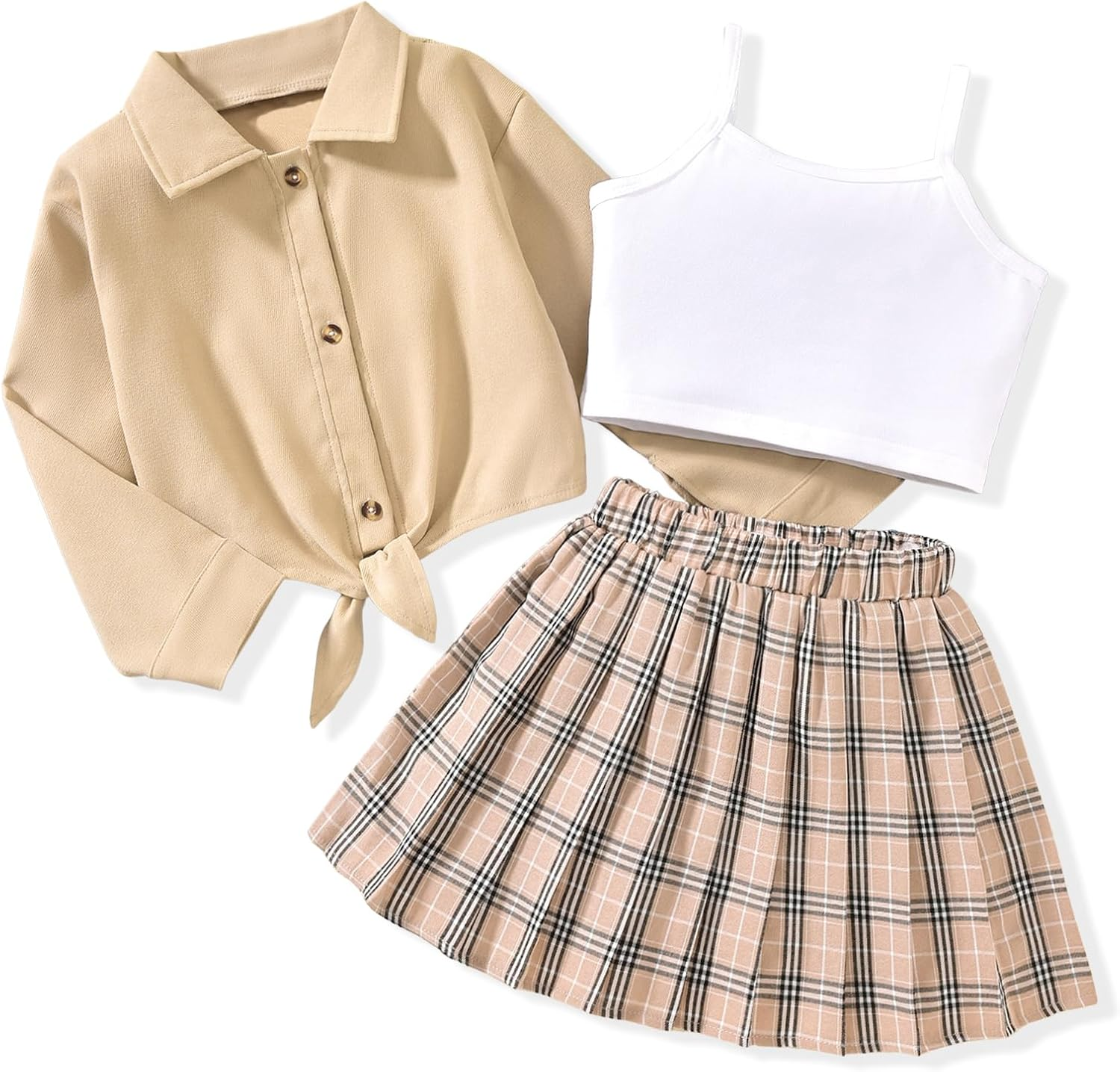 Girls 3 Piece Skirt Set Cami Crop Tops Pleated Skirt with Button Shirts Size 6-12
