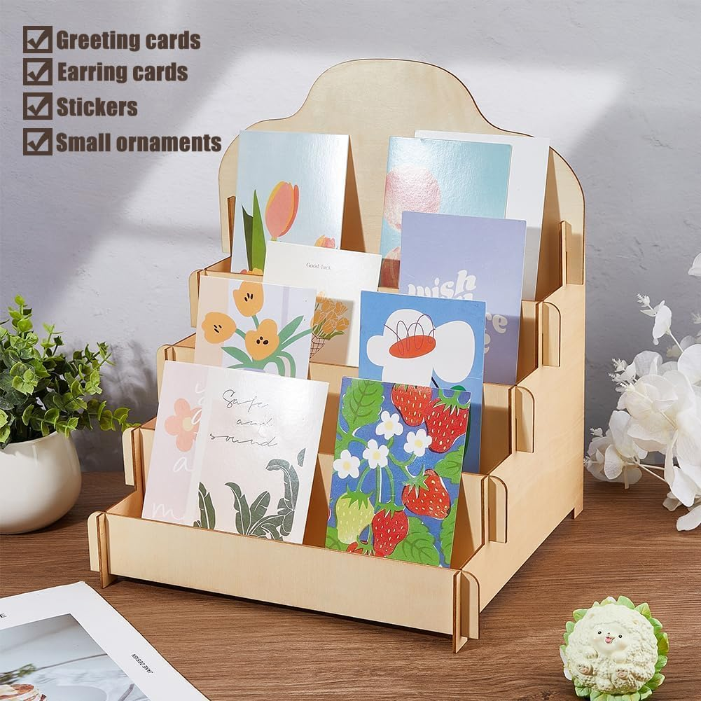 IONPSHG 1Pcs Greeting Card Display Stands 4Tier Durable Wooden Stickers Display Risers Multipurpose Portable Blank Retail Display Shelves Card Display Rack for Greeting Card Photos Postcard Literature (1)