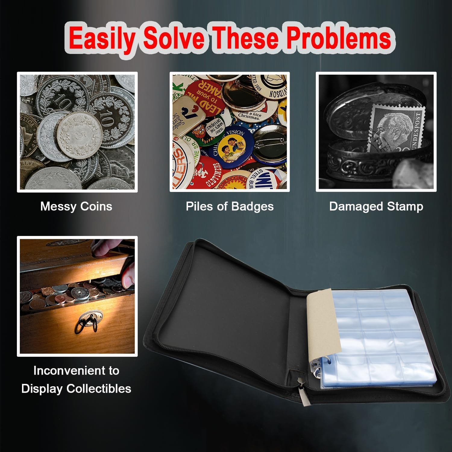 Intendvision Coin Collection Book Holder - 24 Pages 432 Pockets Coins Collection Album Book for Collectors, 2 Coin Size Pockets Coin Holder with Zipper for Coins, U.S.Pennies Dimes Nickels Quarters image number 2