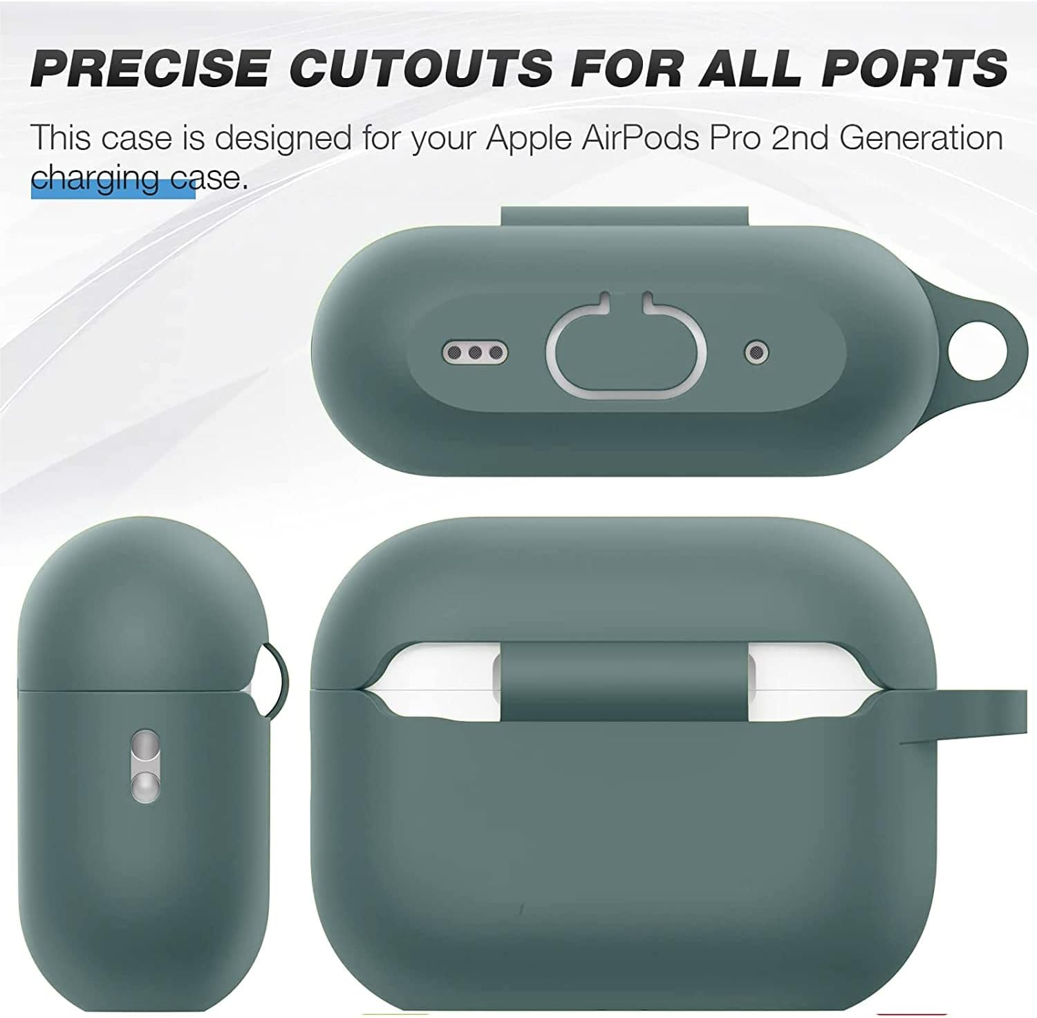 T Tersely Silicone Case Cover Compatible with Airpods Pro 2(2022 2023) - Premium Silicone with Hook, Supports Wireless Charging, Shockproof Protection (Green)