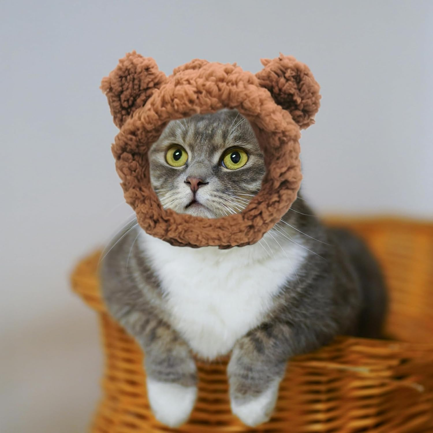 Cat Hat with Bear Ears Cute Cat Costume Bear Hat Adjustable Soft Plush Pet Headband Dress up Party Headwear Accessories for Small Puppy Dog Kitten (Brown) image number 1