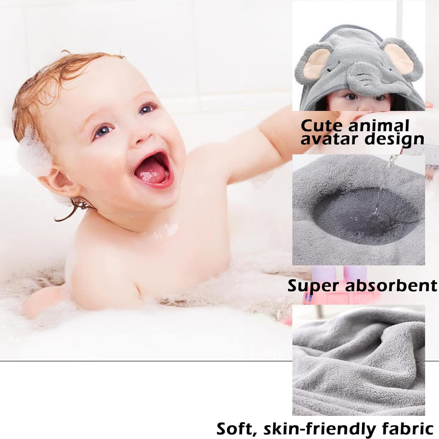 Hooded Baby Towel, Baby Bath Towels with Hood,Unique Animal Design Baby Towel with Hood Soft Absorbent Baby Bath Towels, for Newborn Baby Boy and Girl (White) image number 1