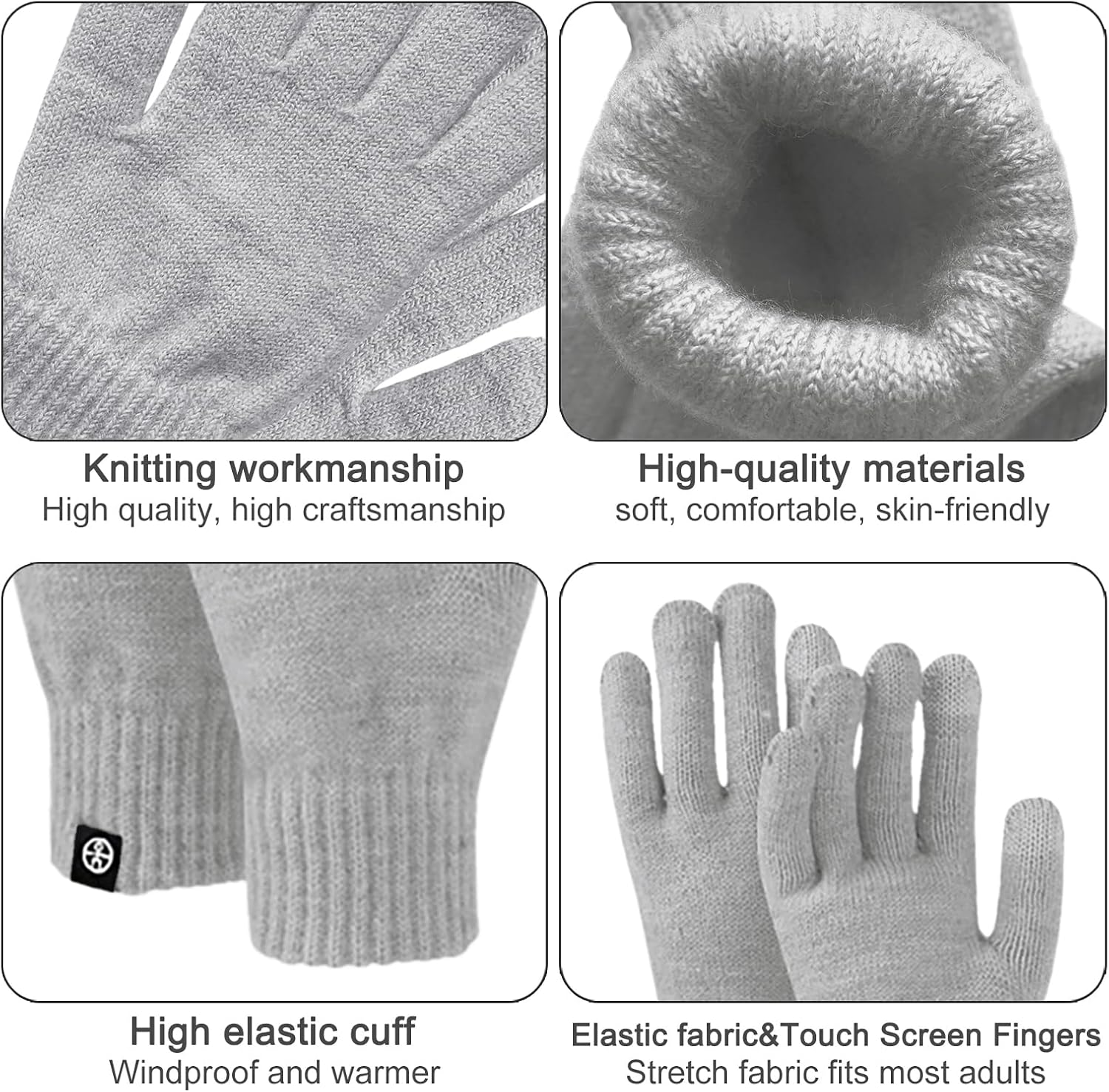 Enwokran 3 In1 Winter Beanie Hat Scarf Gloves Set Thermal Warm Knitted Beanie Cap Soft Fleece Brushed Inner Lining Elastic Circle Neck Warmer Thicken Touchscreen Gloves Winter Set - Light Grey image number 3