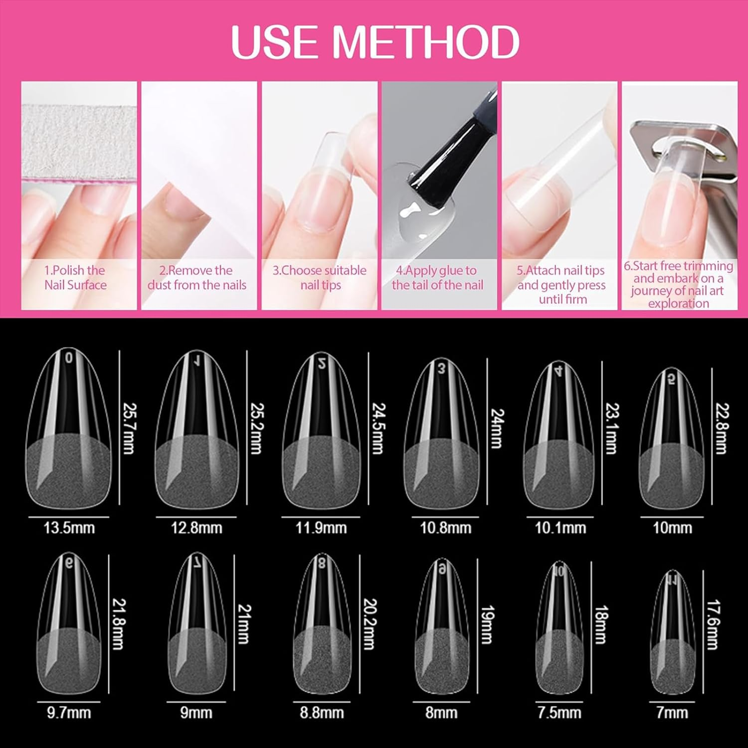 Gaivek 600 Pcs False Nail Tips, Medium Almond Gel Nail Extensions, Full Cover Press-On Nails Kit, Water Drop Shape Artificial Fingernails for DIY Manicure and Salon Use, 12 Sizes