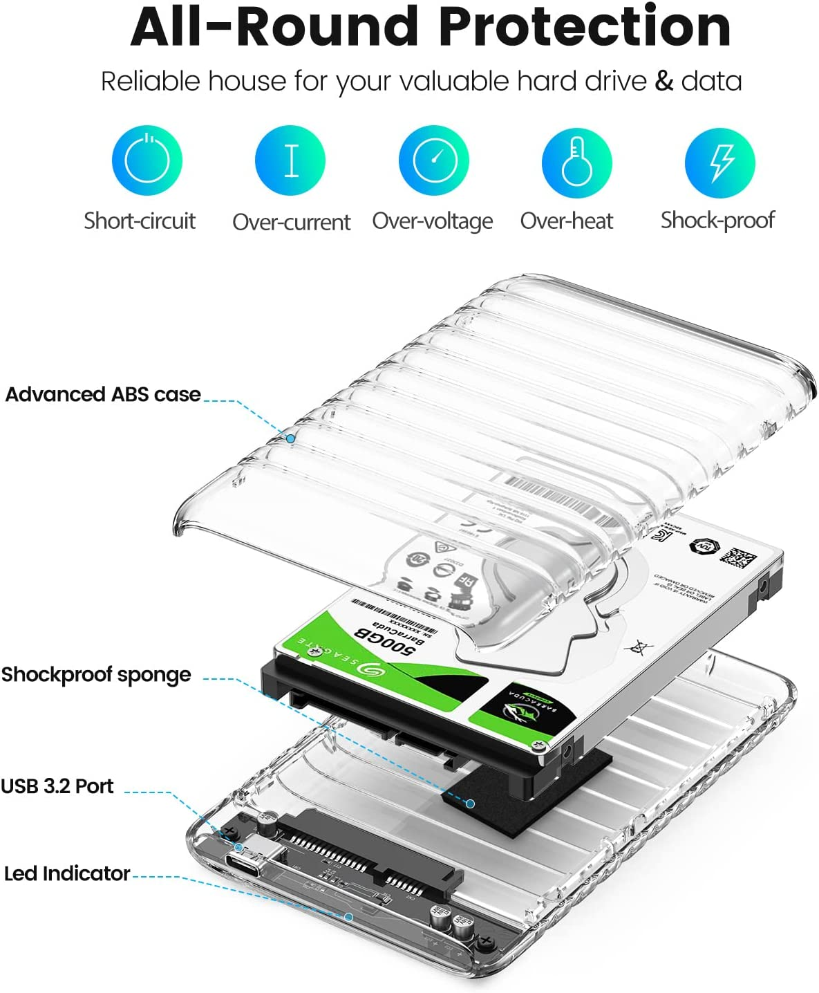 ORICO 2.5 Inch Hard Drive Enclosure USB C to SATA III 6Gbps Clear External Hard Drive Case for All 7Mm 9.5Mm 2.5 Inch SATA SSD HDD up to 6TB, Tool-Free, Support USB 3.2 Gen 2 UASP (2139C3) image number 1
